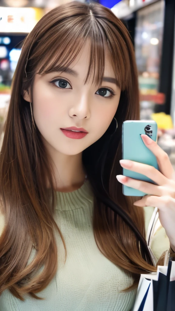 Best quality, 8k,  ,Masterpiece :1.3)), facing viewer,((full body1.2)) ,pretty woman, wide shot ,1girl, , selfie   , ,, Shopping Mall, brown hair  , bangs,ultra-detailed face, highly detailed lips, detailed eyes, double eyelid