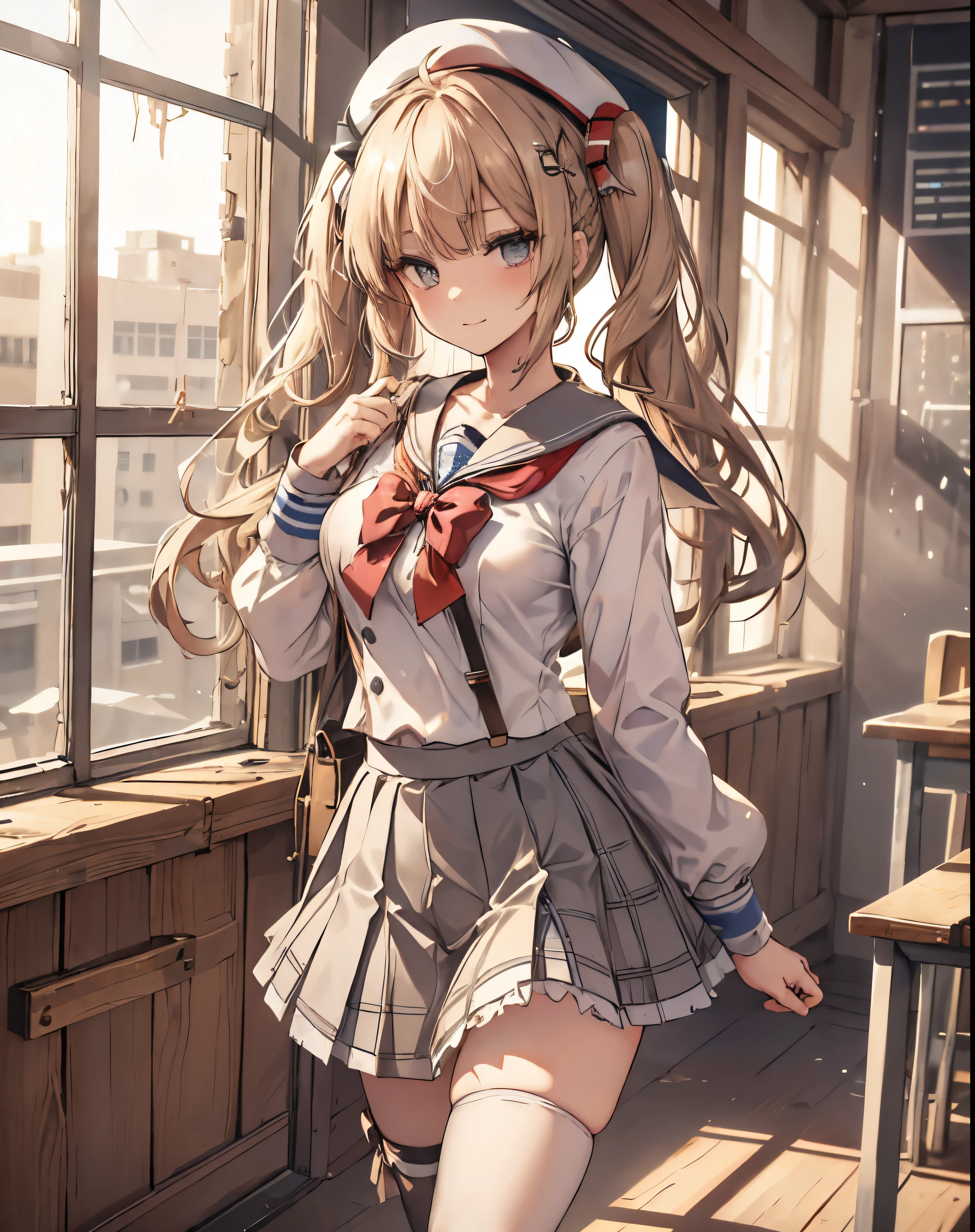 masterpiece, 1girl, sparrow, a blonde haired girl, wearing a white sailor clothes, curly long hair, messy hair, slim body, he close her left eye, shirt ornament, red eyes, sho show her back, ahoge, , big breast, beautiful breasts, rounded breasts, braid hair, beret, long sleeves, beautiful eyes, white stocking, droopy eyes, miniskirt, grey skirt, plaid skirt, her age is 19 years old, beret, cheerful expression, school, bowtie, sailor collar, pleated skirt, twintail