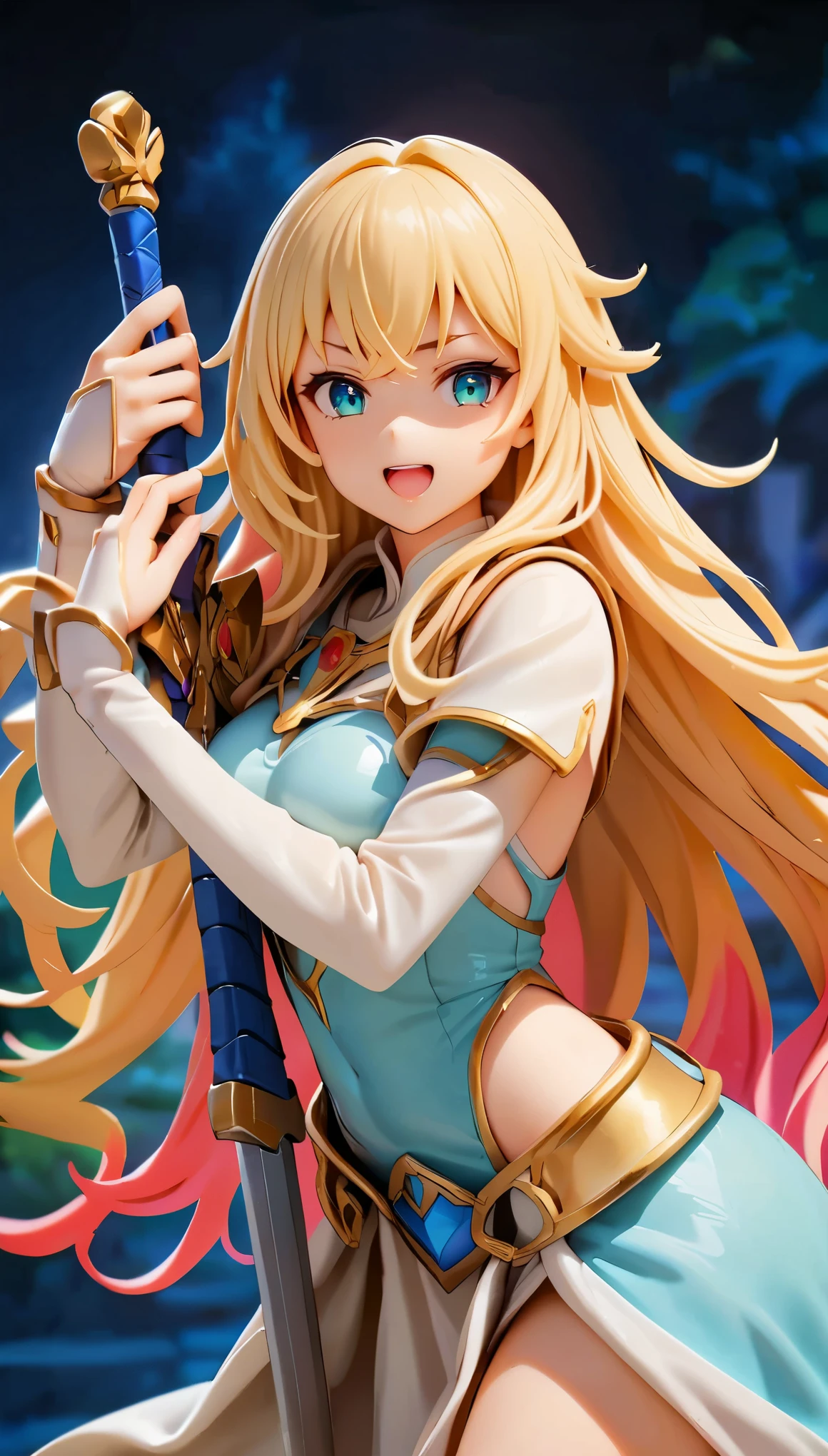 (high quality, 8k, 4K, High Contrast, masterpiece:1.2, 最high quality, Best aesthetics), Very detailed, PVC, Female Figures, woman wielding a large sword, Ornate Armor, Flowing Hair, Intense expression, intense battle scene, Bright colors, powerful stroke, High Contrast, Heroic figures, Detailed armor and weapons, Dynamic pose, Uplifting, Cute face, Beautiful Face, Long eyelashes, Highly detailed eyes, Highly detailed face, Glossy lips, Open your mouth, smile, Cowboy Shot, PCV figure shooting_Plain background.