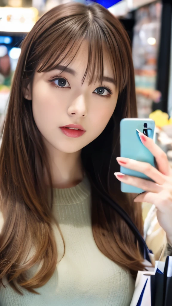 Best quality, 8k, ,Masterpiece :1.3)), facing viewer,((full body1.2)) ,pretty woman, wide shot ,1girl, , selfie , ,, Shopping Mall, brown hair , bangs,ultra-detailed face, highly detailed lips, detailed eyes, double eyelid