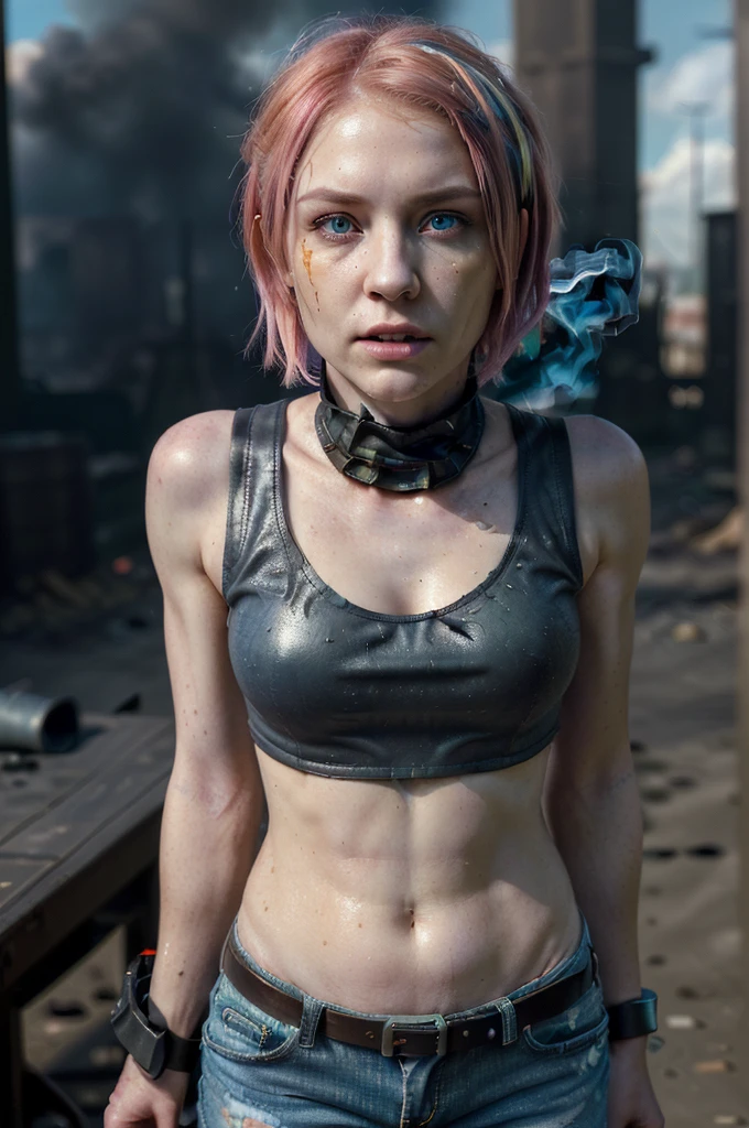 ((Best quality, 8k, Masterpiece: 1.3)), ((5120x1440)), Sharp focus: 1.2, Full body, perfect, pale skin, muscular, 30 year woman, Human Anatomy, Small nose, ripped jeans with army vest, Pink hair with orange/blue highlights, blue eyes, short hair, tank top, average build, Zombie apocalypse, smokey atomsphere, background of city burning, gunbelt, armed with a pistol, has a machete, armed with a Assault rifle (M4), (special attention to skin detail:1.2), detailed leather texture, skin pores, spooky atmosphere, (pale skin), Adult, Photorealism, Taken with, Canon EOS 4000D DSLR Hyperrealistic, ((portrait, close to camera)) Hyperrealistic, splash art, concept art, mid shot, intricately detailed, color depth, dramatic, 2/3 face angle, side light, colorful background, looking at viewer, smoke in sky, Burning, depth of field,