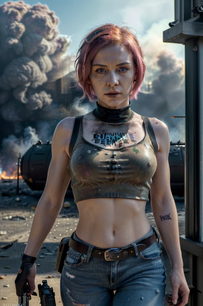 ((Best quality, 8k, Masterpiece: 1.3)), ((5120x1440)), Sharp focus: 1.2, Full body, perfect, pale skin, muscular, 30 year woman, Human Anatomy, Small nose, ripped jeans with army vest, Pink hair with orange/blue highlights, blue eyes, short hair, tank top, average build, Zombie apocalypse, smokey atomsphere, background of city burning, gunbelt, armed with a pistol, has a machete, armed with a Assault rifle (M4), (special attention to skin detail:1.2), detailed leather texture, skin pores, spooky atmosphere, (pale skin), Adult, Photorealism, Taken with, Canon EOS 4000D DSLR Hyperrealistic, ((portrait, close to camera)) Hyperrealistic, splash art, concept art, mid shot, intricately detailed, color depth, dramatic, 2/3 face angle, side light, colorful background, looking at viewer, smoke in sky, Burning, depth of field,