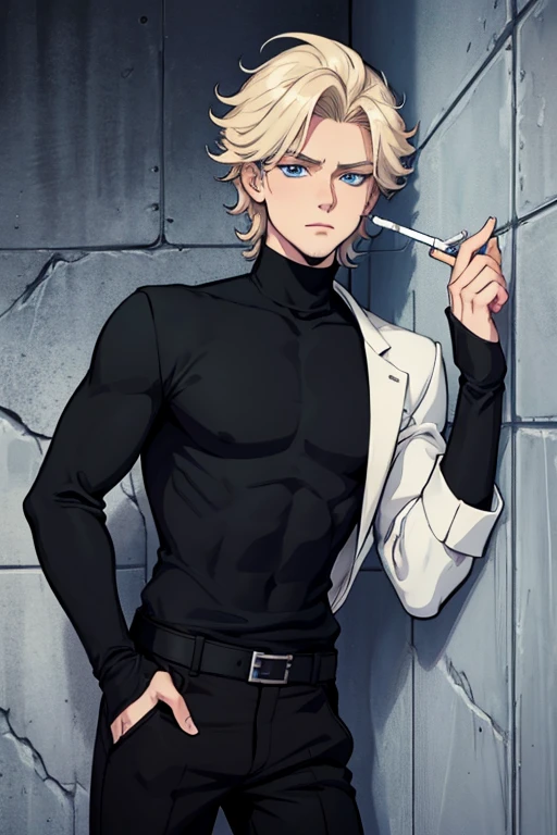 white boy blond messy hair with blue eyes, 27 years old,and a laying on a wall with a cigarette in the hand, wearing black turtleneck and black trousers and black glove, in a weebtoon darkfantasy style 