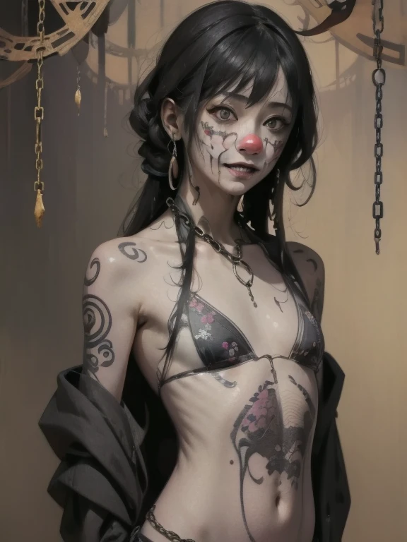 ((Background made up of chains and flowers))、scribble, nightmare, doll-like face, Manga style, rough sketch, Horror elements, (masterpiece), (High resolution), (Very delicate), (clear), Manga style illustration,Japanese painting, (spooky), crazy illustration, Flat Illustration, spooky外観, (Mr.々Colored hairstyles), Unique atmosphere、Small eyes、(Flat Chest), ((Muddy hair)),Thorns wrapped around the body、((Creepy Tattoos))、Holding a balloon,Skin full of stitches,restrained by thick chains、(Colorful clown costumes)、Bold Pose