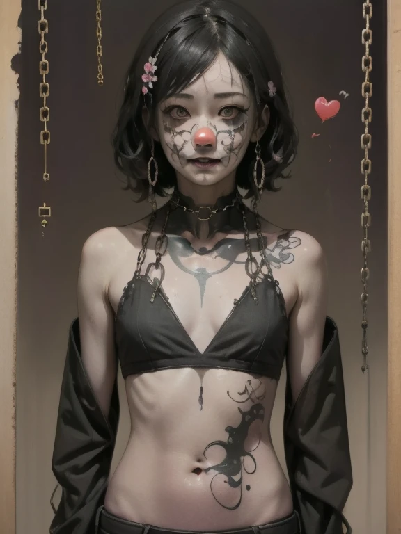 ((Background made up of chains and flowers))、scribble, nightmare, doll-like face, Manga style, rough sketch, Horror elements, (masterpiece), (High resolution), (Very delicate), (clear), Manga style illustration,Japanese painting, (spooky), crazy illustration, Flat Illustration, spooky外観, (Mr.々Colored hairstyles), Unique atmosphere、Small eyes、（Flat Chest）, ((Muddy hair)),Thorns wrapped around the body、((Creepy Tattoos))、Holding a balloon,Skin full of stitches,restrained by thick chains、（Colorful clown costumes）、Bold Pose
