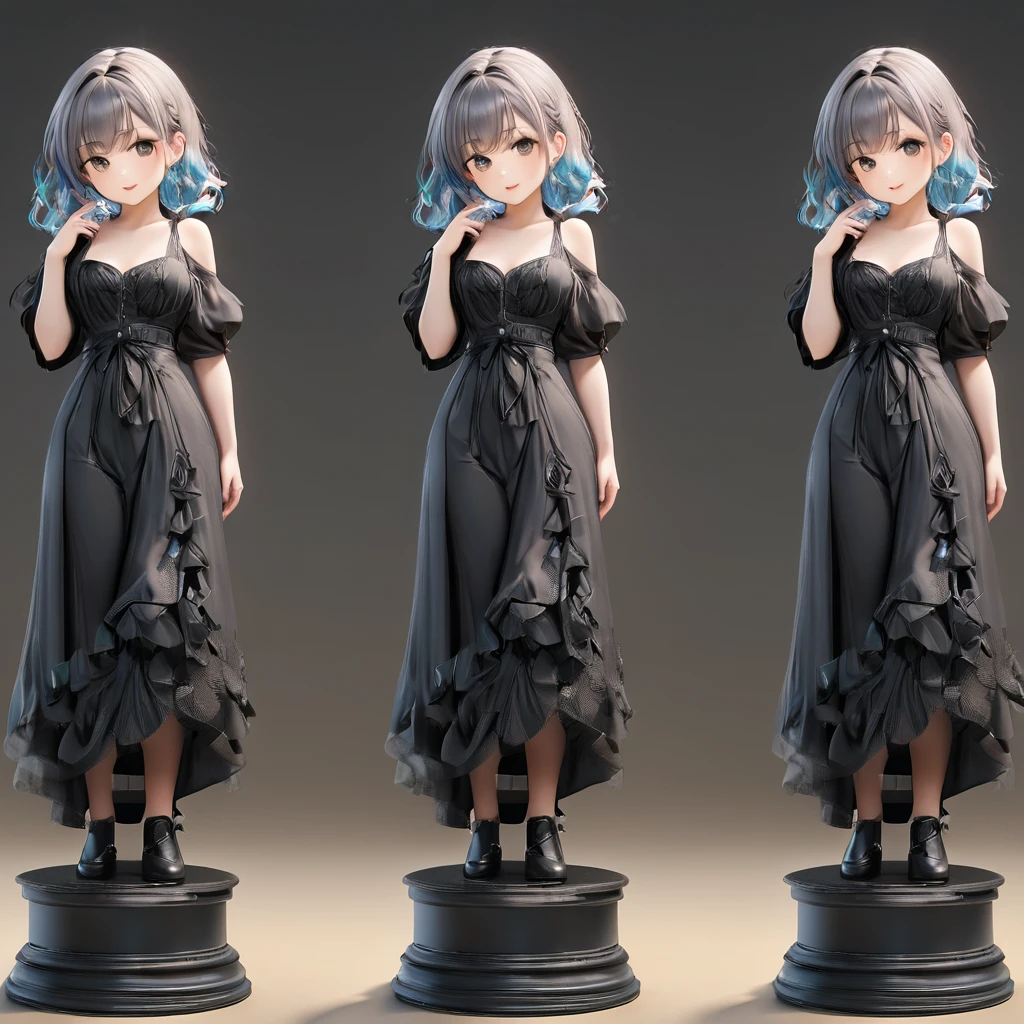 3D figure, (five-heads-tall:1.8), big-head, a photo of an figure, highres.fix, full body, high quality photo, wild and bautiful 1girl, simple and flat background, (masterpiece:1.2), (best quality),(ultra detailed),(extremely detailed),(absolutely resolution) ,absurdres,8k, 
BREAK, 1girl, solo, gradation hair, messy hair, blowing kiss, smile, standing-on-pedestal,