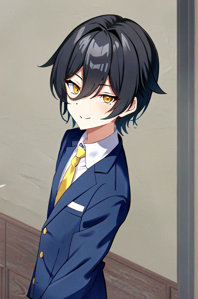 (extremely detailed CG unity 4k wallpaper),(masterpiece),(best quality),(ultra-detailed),(best illustration),(best shadow),(absurdres),(detailed background), 1boy, school, indoors, bangs, (hairstyle: straight), black hair, middle hair, (blue eyes:1.2), (hair over left eye:1.5), (yellow eyes:1.5), heterochromia, long sleeves, school unform, black jacket with school logo, shirt, blue necktie with black stripess, grey trousers, sly smile