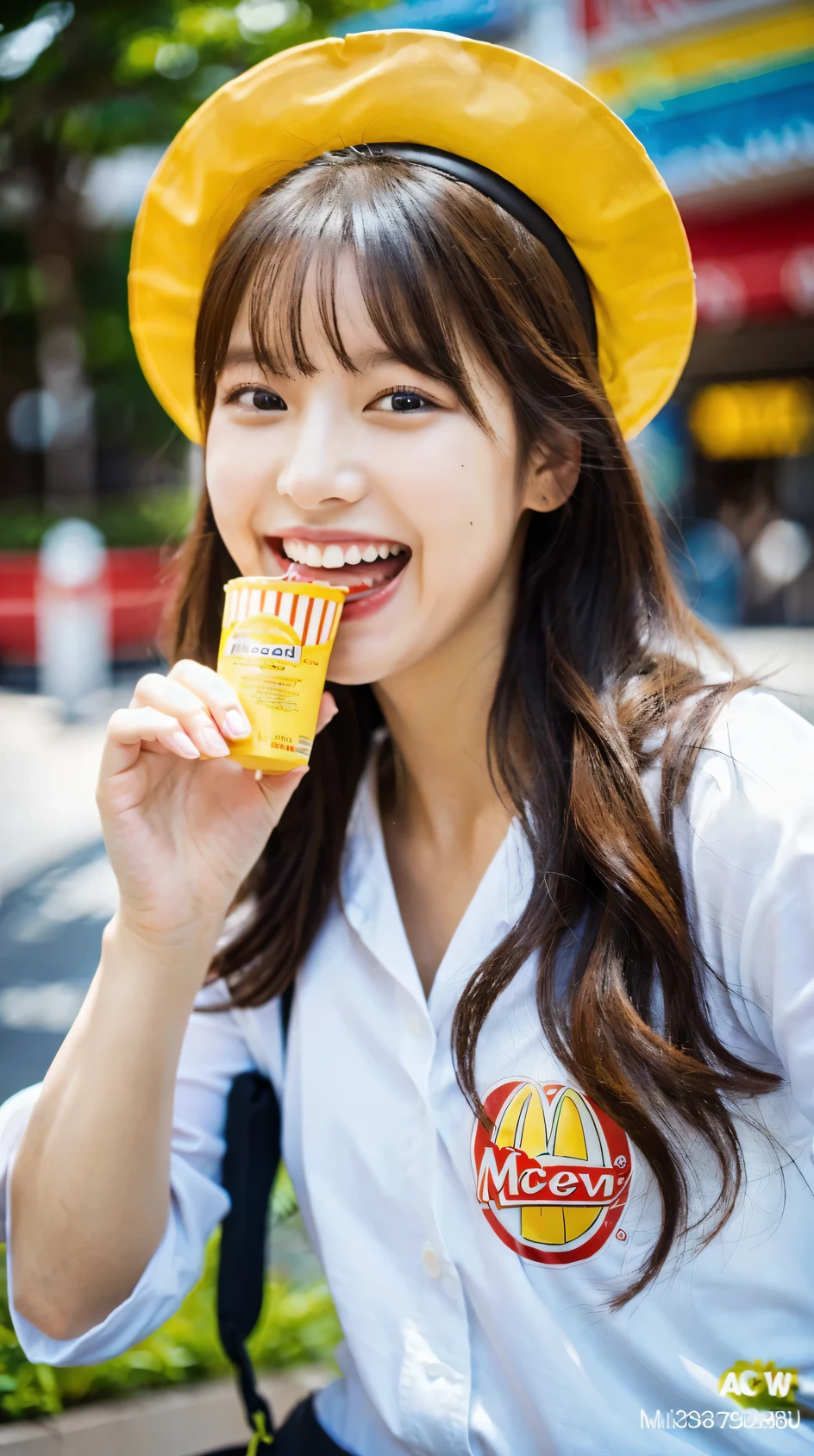 (Raw photo, highest quality), (K, highest quality, masterpiece: 1.2), Super detailed, super resolution, beautiful girl, McDonald's, (great laugh:1.2), (open your mouth:1.1),