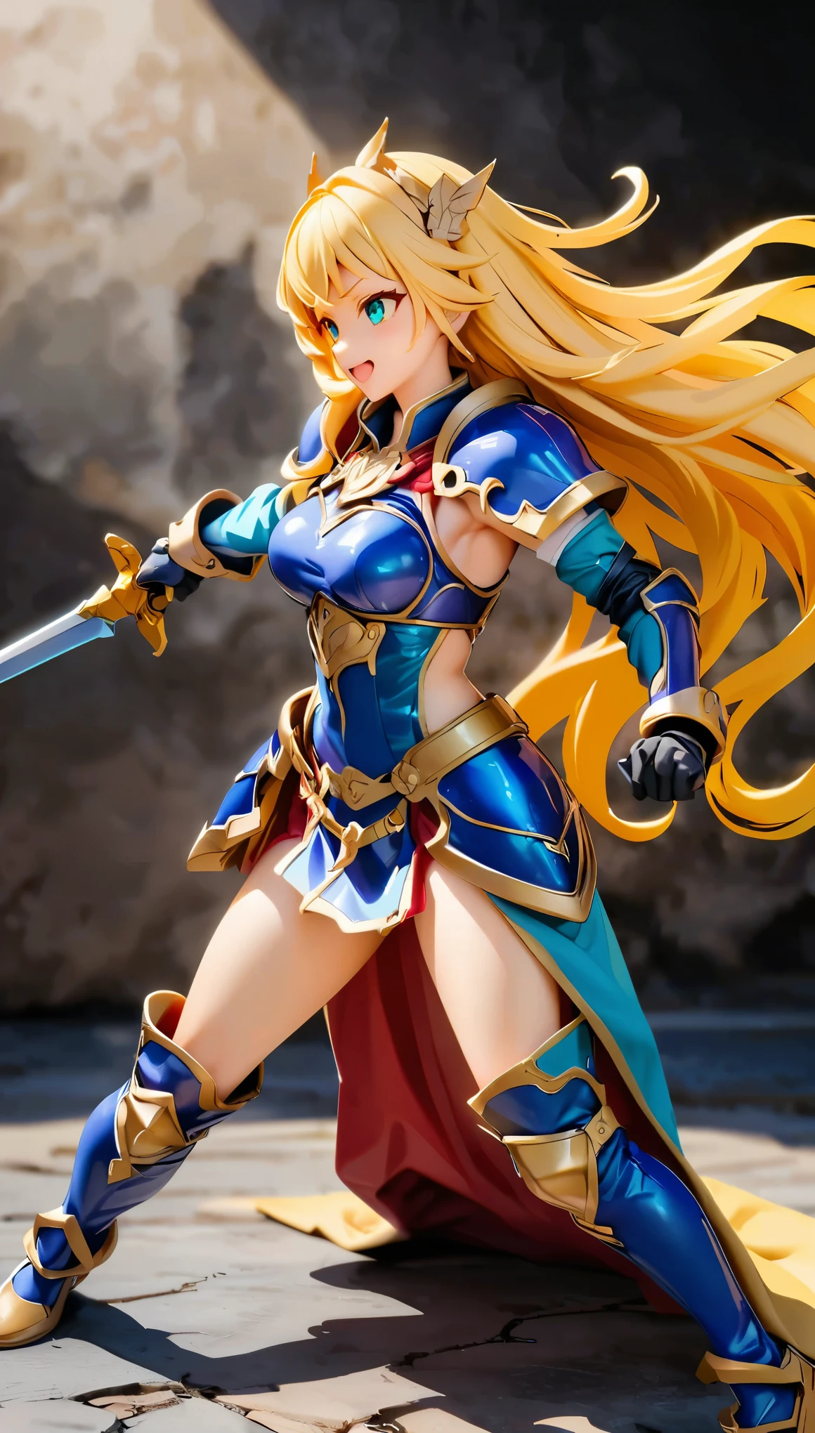 (high quality, 8k, 4K, High Contrast, masterpiece:1.2, 最high quality, Best aesthetics), Very detailed, PVC, Female Figures, woman wielding a large sword, Decorative armor, Flowing Hair, intense expression, intense battle scene, Bright colors, Powerful strokes, High Contrast, Heroic figures, Detailed armor and weapons, Dynamic pose, boost mood, Cute face, Beautiful Face, Long eyelashes, Very detailedな目, Very detailedな顔, glossy lips, Open your mouth, smile, Full body view, PCV figure shooting_Plain background.