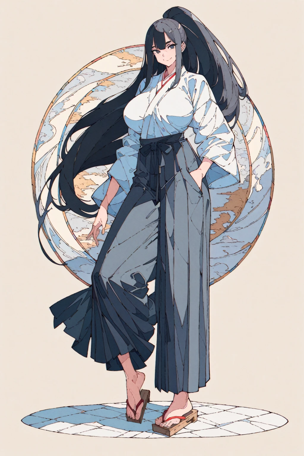 (masterpiece, bestquality, ultra-detailed, 8K high resolution, artstation on trending, Detailed Design:1.2), 

middle ages, medieval times, Medieval European fantasy, 
wind, 
(flat design, ligne claire, photorealistic:1.7), 

(1girl, fullbody, looking at viewer, front view:1.8), 
(very long high ponytail, Long hair that touches your feet, japanese,white samurai woman, (dark gray hakama:1.4), hakama skirt, Kendo uniform, geta, samurai armor, black hair, (long bangs between the eyes:1.2), Yamato Nadeshiko, thick eyebrows, Wide Eyes, Big eyes, A kind face, smile:1.6), 
(gigantic saggy breasts, gigantic hard nipples:1.4), (Clothes that are completely stuck to the chest, impossible clothes:1.5), Impossible clothing with perfectly shaped extremely gigantic puffy nipples, (pawg), (thin thighs, thick calf), slender body, (thin waist), mature milf, puffy lip, lewd, vulgar, erotic, A little tall,
(standing contrapposto pose, spread legs, Hands on hips:1.2), 
(SFW Clothing:2.1), 
(white background:1.8),