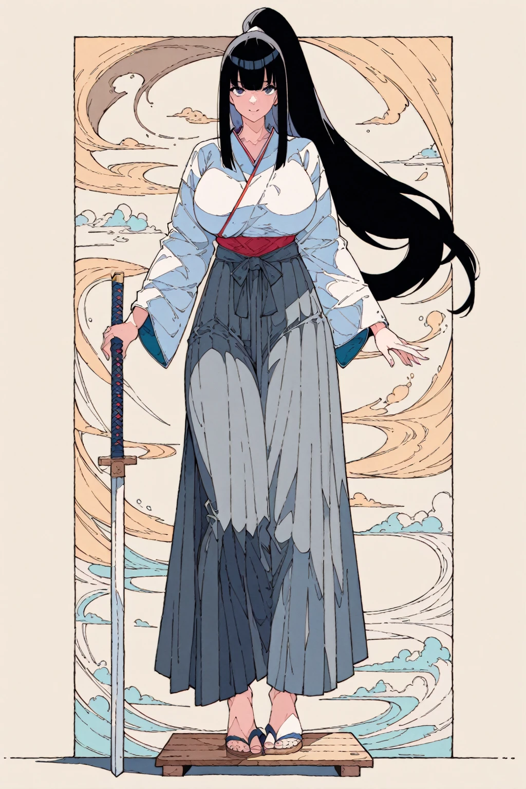 (masterpiece, bestquality, ultra-detailed, 8K high resolution, artstation on trending, Detailed Design:1.2),
middle ages, medieval times, Medieval European fantasy,
wind,
(flat design, ligne claire, photorealistic:1.7),
(1girl, fullbody, looking at viewer, front view:1.8),
(very long high ponytail, Long hair that touches your feet, japanese,white samurai woman, (dark gray hakama:1.4), hakama skirt, Kendo uniform, geta, samurai armor, black hair, (long bangs between the eyes:1.2), Yamato Nadeshiko, thick eyebrows, Wide Eyes, Big eyes, A kind face, smile:1.6),
(gigantic saggy breasts, gigantic hard nipples:1.4), (Clothes that are completely stuck to the chest, impossible clothes:1.5), Impossible clothing with perfectly shaped extremely gigantic puffy nipples, (pawg), (thin thighs, thick calf), slender body, (thin waist), mature milf, puffy lip, lewd, vulgar, erotic, A little tall,
(standing contrapposto pose, spread legs, Hands on hips:1.2),
(SFW Clothing:2.1),
(white background:1.8),