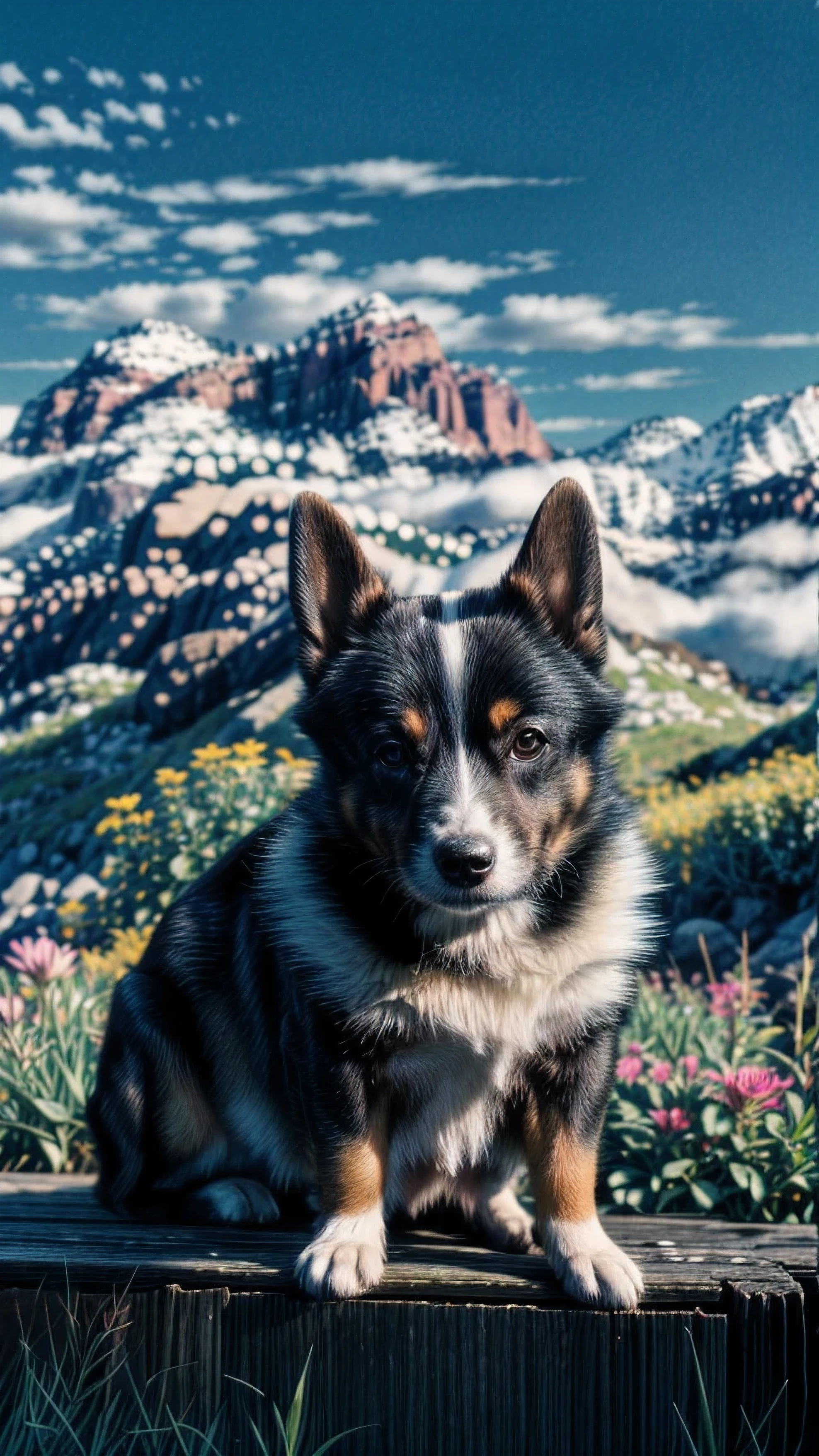 The whole picture,Lenses,A little black corgi,behind,Dense green leaves,Graphic Style,Minimalism,Lead painting,Minimalism and cartoon design,This dog,Cute and naughty,8k