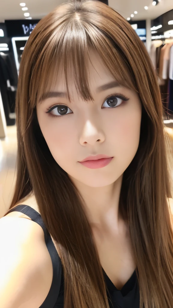 Best quality, 8k, ,Masterpiece :1.3)), facing viewer,((full body1.2)) ,pretty woman, wide shot ,1girl, , selfie , ,, Shopping Mall, brown hair , bangs,ultra-detailed face, highly detailed lips, detailed eyes, double eyelid