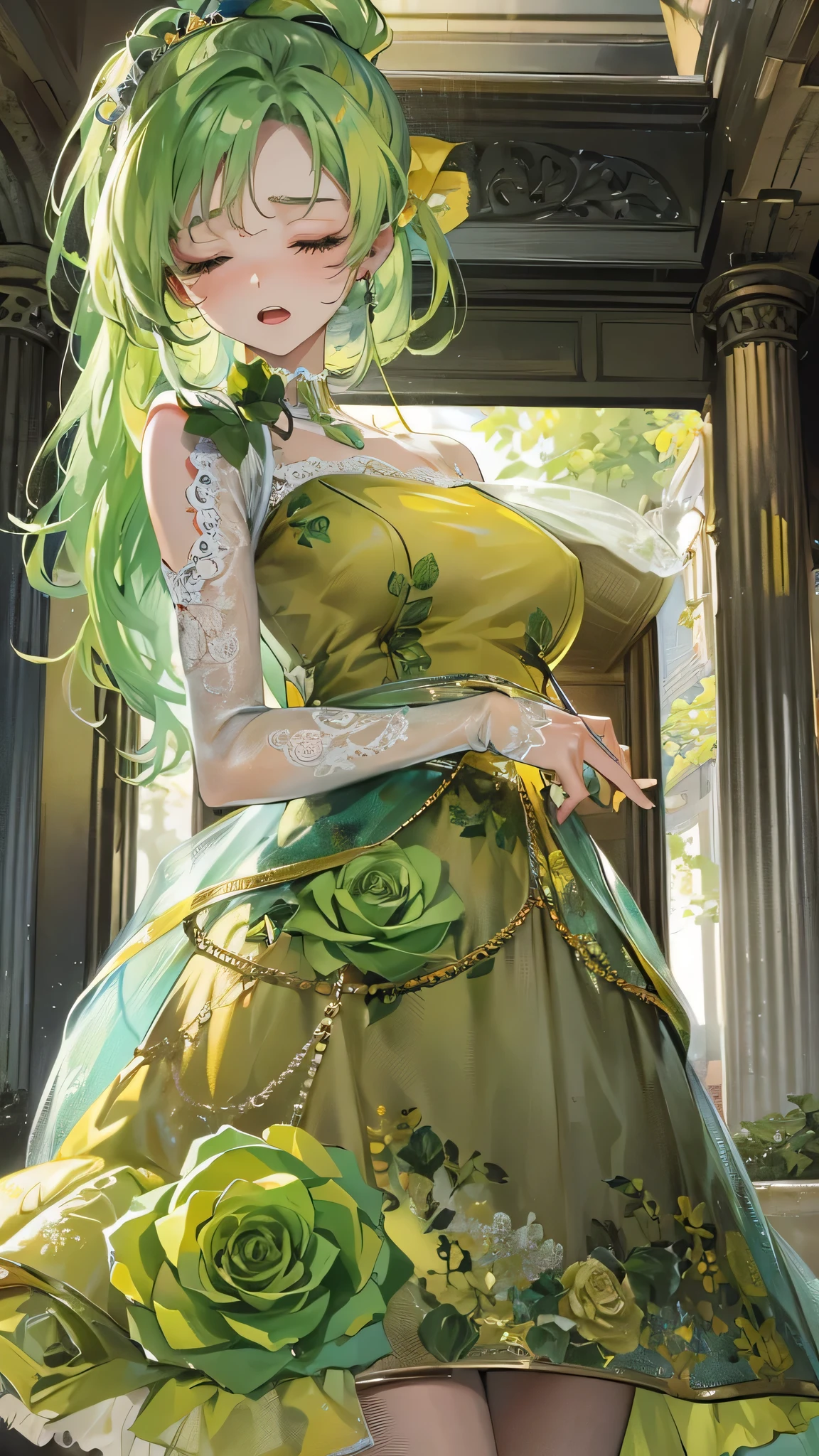perfect anatomy, masterpiece:1.4, best highres, 16k, (in the night, the hotel entrance), break,
(frontale:1.2) (solo:1.3 ponytail green hair long hair cute girl), ((15 yo)), (sad:1.4 closed eyes), ((beautiful make up)), (Crying face, open mouth), break, (in a Layered yellow Off-the-shoulder dress with detailed green rose).