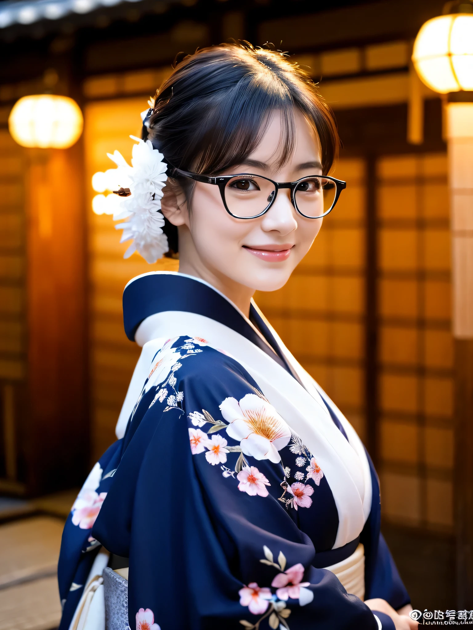 (Super beautiful woman in kimono)、((highest quality、8K masterpiece:1.3))、sharp focus:1.2、(super beautiful face:1.0)、(shiny skin:1.0)、realistic pictures、black hair、video lighting、High resolution eyes and face、video lighting、japanese actress、from the front、big breasts、with a happy smile、Slender abs beauty、whole body、wearing a kimono、in Kyoto、luxury obi、In Kyoto at night、wearing glasses with no edge
