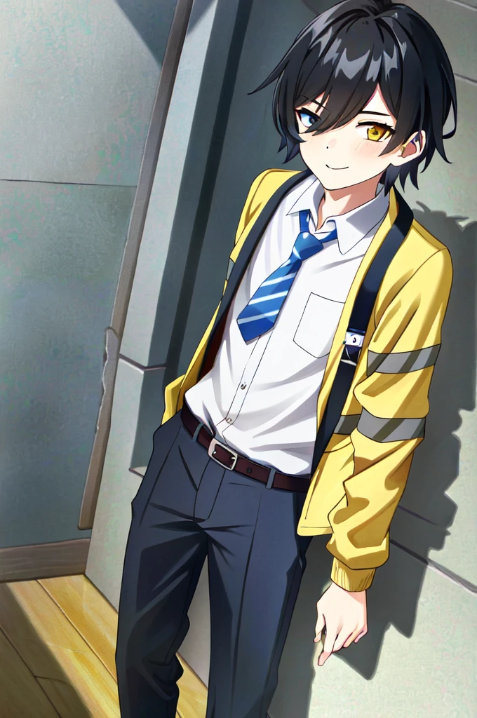 (extremely detailed CG unity 4k wallpaper),(masterpiece),(best quality),(ultra-detailed),(best illustration),(best shadow),(absurdres),(detailed background), 1boy, school, indoors, bangs, (hairstyle: straight), black hair, middle hair, blue eyes, hair over left eye, yellow eyes, heterochromia, long sleeves, school unform, black jacket with school logo, shirt, blue necktie with black stripess, grey trousers, sly smile