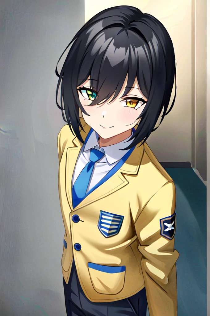 (extremely detailed CG unity 4k wallpaper),(masterpiece),(best quality),(ultra-detailed),(best illustration),(best shadow),(absurdres),(detailed background), 1boy, school, indoors, bangs, (hairstyle: straight), black hair, middle hair, blue eyes, hair over left eye, yellow eyes, heterochromia, long sleeves, school unform, black jacket with school logo, shirt, blue necktie with black stripess, grey trousers, sly smile
