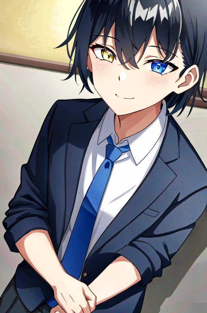 (extremely detailed CG unity 4k wallpaper),(masterpiece),(best quality),(ultra-detailed),(best illustration),(best shadow),(absurdres),(detailed background), 1boy, school, indoors, bangs, (hairstyle: straight), black hair, middle hair, blue eyes, hair over left eye, yellow eyes, heterochromia, long sleeves, school unform, black jacket with school logo, shirt, blue necktie with black stripess, grey trousers, sly smile