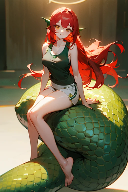 full body, beautiful, (masterpiece:1.2), (best quality:1.2), perfect eyes, perfect face, smiling, perfect lighting,lamia girl, 1girl, red hair, brown eyes, ((green scales)), ((tank top)),((long hair, straight hair)), white skin, very big breasts,