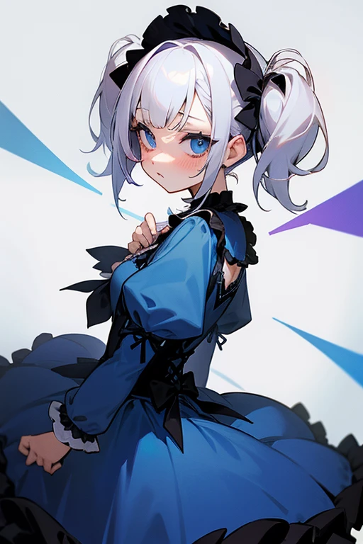 Short white hair, blush, Gothic Lolita、Punk Fashion、Headbang 2.、Blue clothes、Twin tails