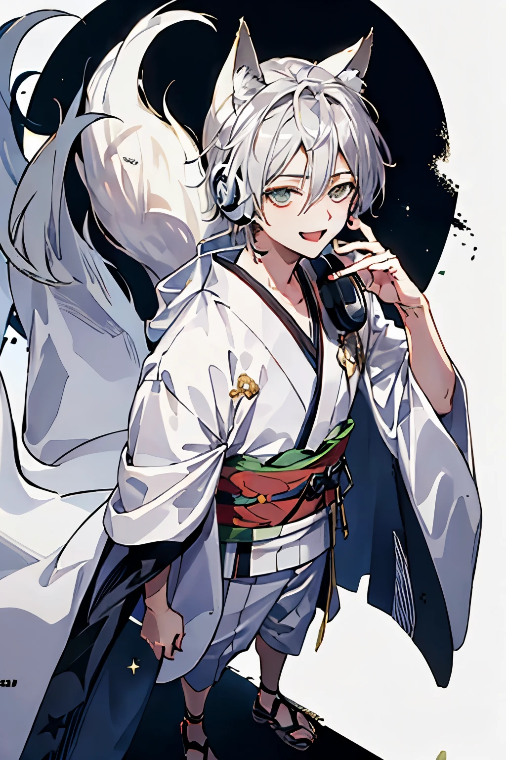 ((best quality)), ((masterpiece)), (detailed),standing , full body , toe、
 perfect face male、((best quality)), ((masterpiece)), (detailed), perfect face ((highest quality)), ((masterpiece)), (be familiar with),、morning、kimono、Silver Hair、Fox&#39;s Tail、Fox Ears、Warm lighting、 Realistic person with headphones, praise boy, praise artstyle, praise art, praise vibes, praise feel, praise hip hop, praise, Chill Hop, praise girl aesthetic, praise portrait, praise vibe, praise cores, Anime atmosphere, The aesthetics of the lofi、white background、smile , open-mouth