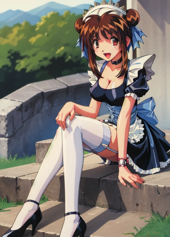 nanakn, 1girl, solo, hair ribbon, maid headdress, choker, maid dress, short sleeves, wristwatch, garter straps, thighhighs, high heels, fang, bucket, smile, sitting, cleavage, open mouth, 1990s (style), retro artstyle, stairs