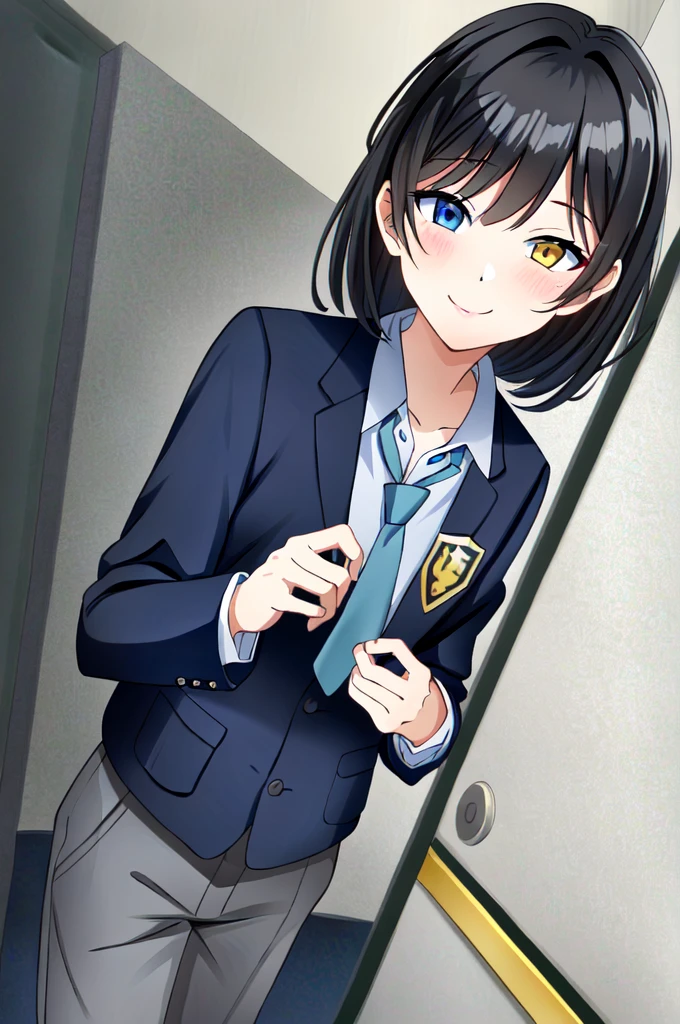 (extremely detailed CG unity 4k wallpaper),(masterpiece),(best quality),(ultra-detailed),(best illustration),(best shadow),(absurdres),(detailed background), 1boy, school, indoors, bangs, (hairstyle: straight), black hair, middle hair, blue eyes, hair over left eye, yellow eyes, heterochromia, long sleeves, school unform, black jacket with school logo, shirt, blue necktie with black stripess, grey trousers, sly smile