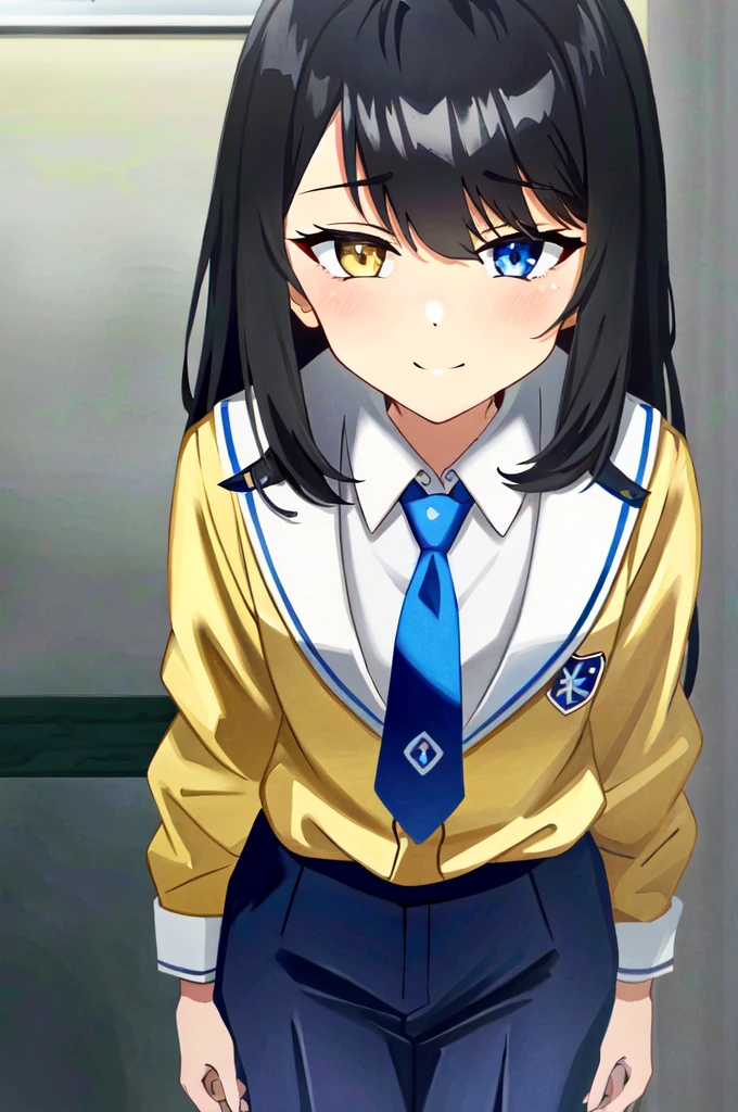 (extremely detailed CG unity 4k wallpaper),(masterpiece),(best quality),(ultra-detailed),(best illustration),(best shadow),(absurdres),(detailed background), 1boy, school, indoors, bangs, (hairstyle: straight), black hair, middle hair, blue eyes, hair over left eye, yellow eyes, heterochromia, long sleeves, school unform, black jacket with school logo, shirt, blue necktie with black stripess, grey trousers, sly smile