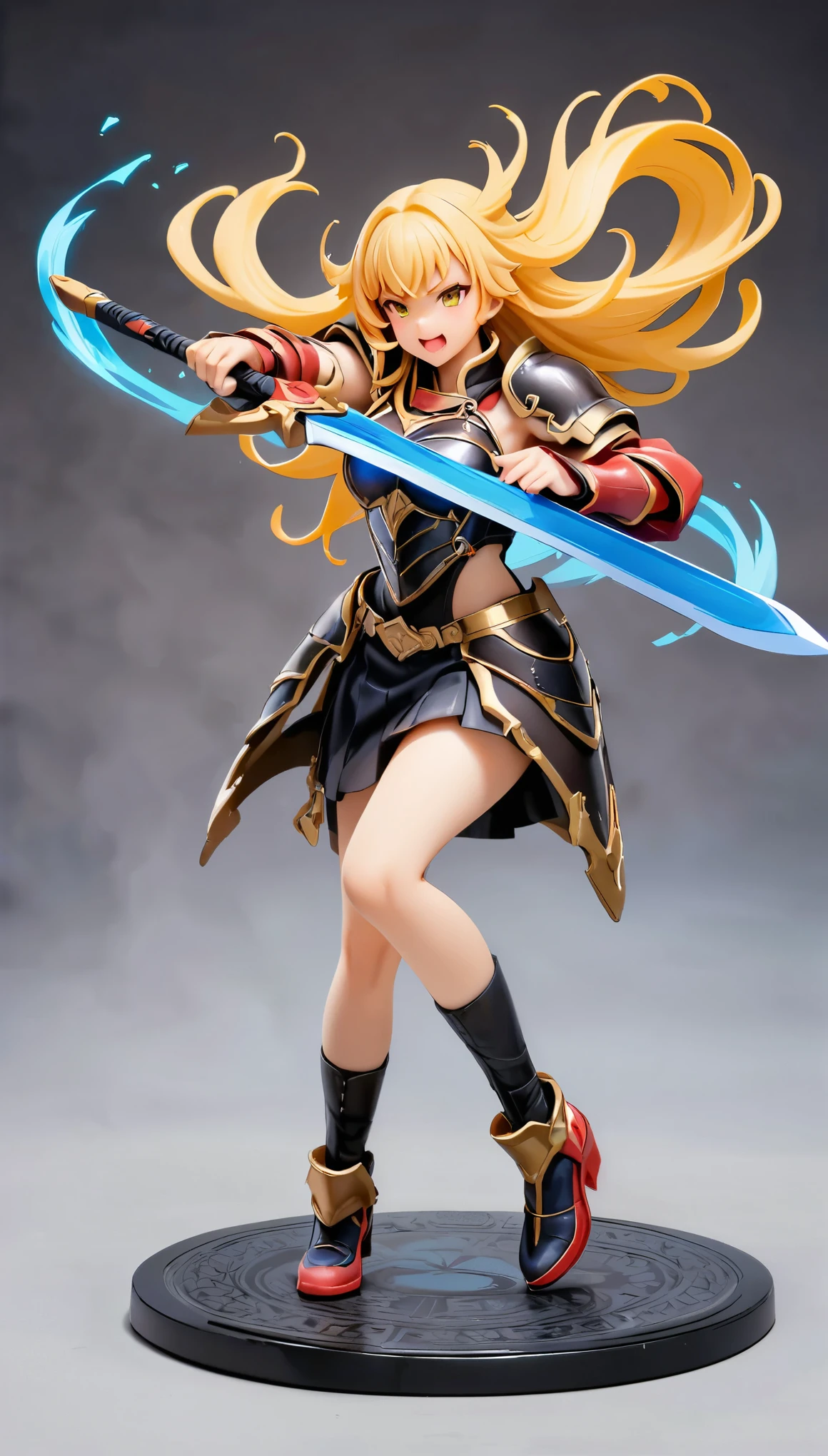 (high quality, 8k, 4K, High Contrast, masterpiece:1.2, 最high quality, Best aesthetics), Very detailed, PVC, Female Figures, woman wielding a large sword, Decorative armor, Flowing Hair, intense expression, intense battle scene, Bright colors, Powerful strokes, High Contrast, Heroic figures, Detailed armor and weapons, Dynamic pose, boost mood, Cute face, Beautiful Face, Long eyelashes, Very detailedな目, Very detailedな顔, glossy lips, Open your mouth, smile, Full body view, PCV figure shooting_Plain background.