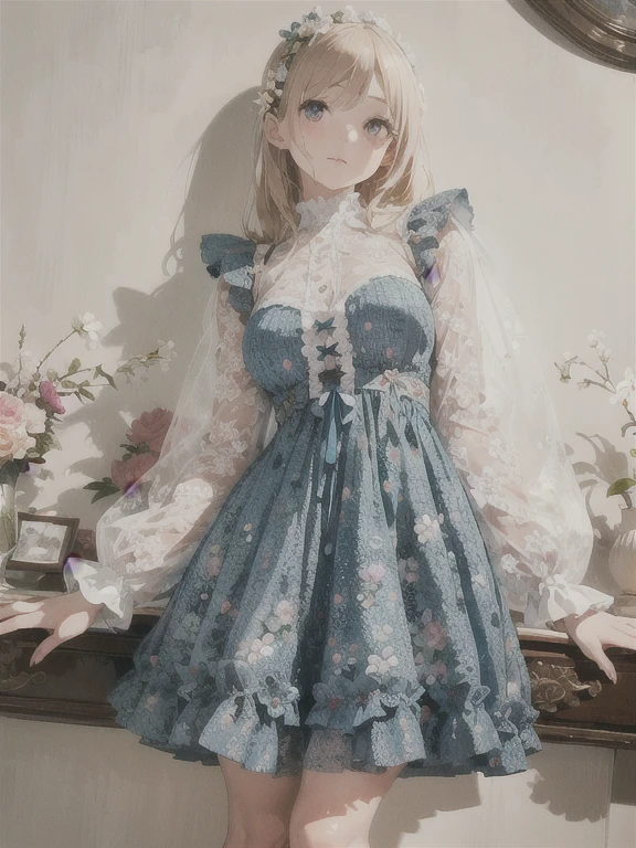 masterpiece, high quality, 最high quality, beautiful, hd, Perfect lighting, Detailed face, Detailed body, 1 girl, alone , Wearing a blue dress, Floral clothes, Rococo frill dress, Intricate fantasy dress, floral art nouveau dress, Dreamy Style, romantic dress, Victorian style clothing, beautiful clothes, Floral Dress,