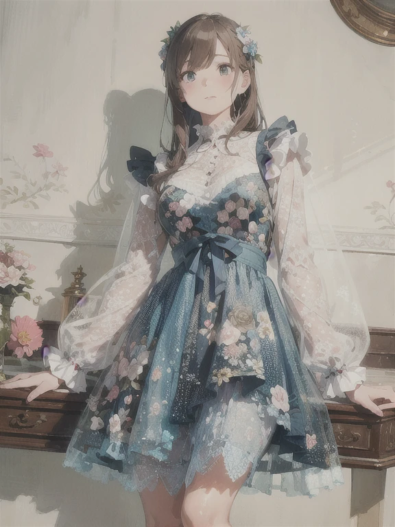 masterpiece, high quality, 最high quality, beautiful, hd, Perfect lighting, Detailed face, Detailed body, 1 girl, alone , Wearing a blue dress, Floral clothes, Rococo frill dress, Intricate fantasy dress, floral art nouveau dress, Dreamy Style, romantic dress, Victorian style clothing, beautiful clothes, Floral Dress,