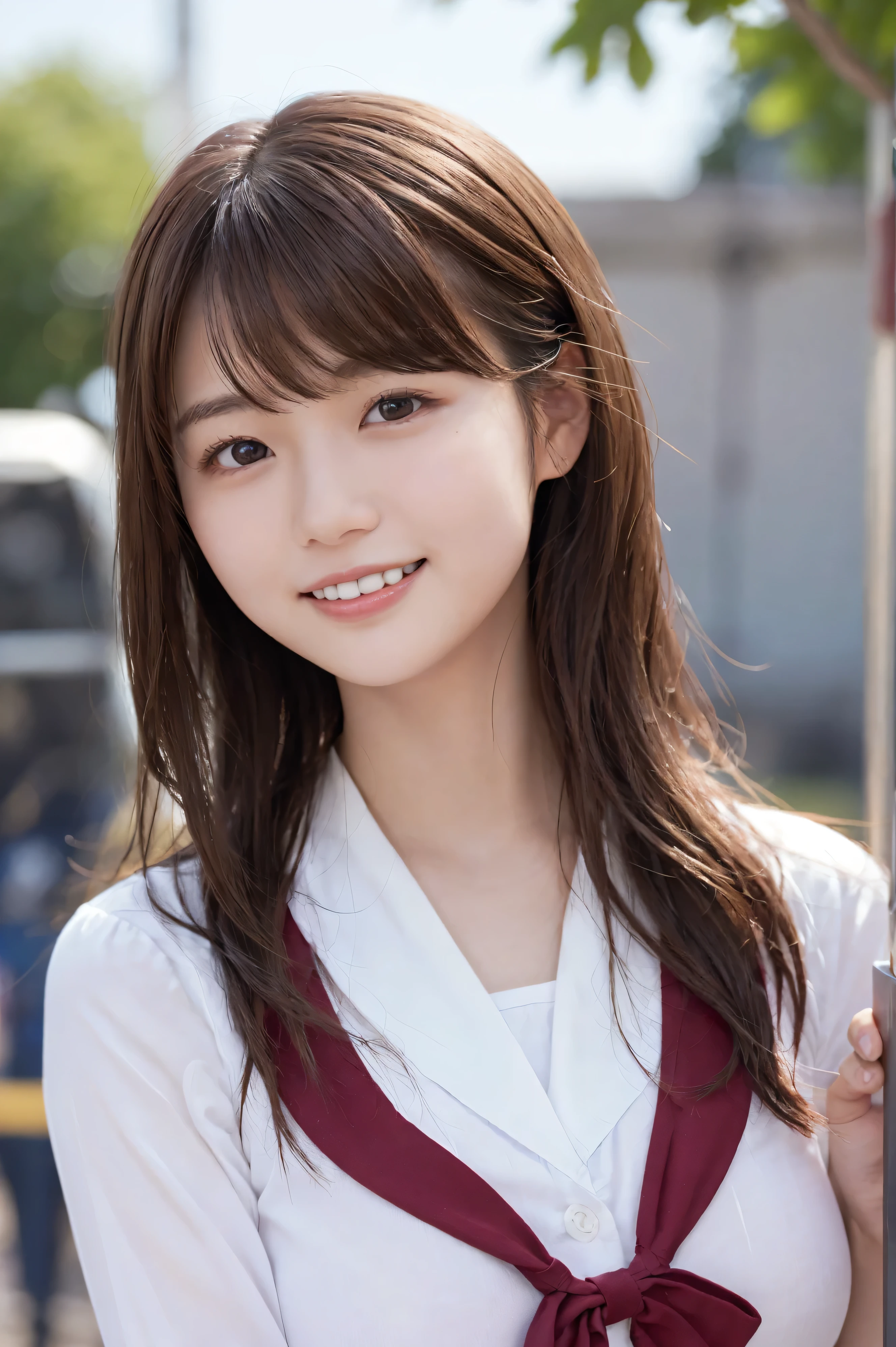 1 girl, Big breasts、A photo in front of a prestigious s' School、high school girl、(Wear a sailor uniform:1.2), (RAW Photos, highest qualそれy), (Realistic, Realistic:1.4), Tabletop, Very delicate and beautiful, Very detailed, 2k wallpaper, wonderful, finely, Very detailed CG Unlimited 8K wallpaper, Very detailed, High resolution, Soft Light, Beautiful detailed girl, Very detailed目と顔, Beautiful and sophisticated nose, Finely beautiful eyes, Cinema Lighting, Perfect Anatomy, Slender body, Was nervous,
Straight semi-long hair, bangs, Looking at the audience, smile.medium breasts.