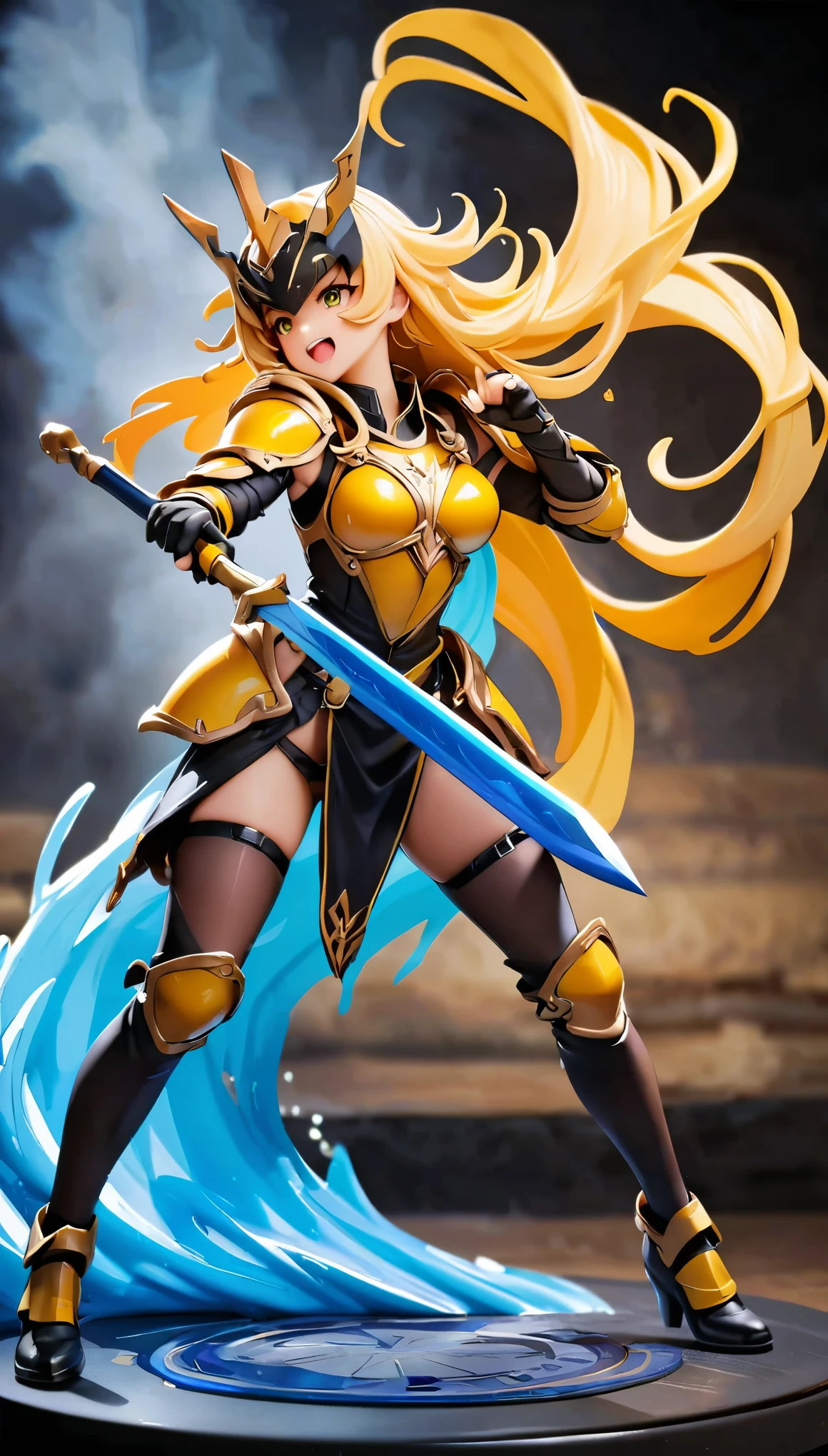 (high quality, 8k, 4K, High Contrast, masterpiece:1.2, 最high quality, Best aesthetics), Very detailed, PVC, Female Figures, woman wielding a large sword, ornamental armor, Flowing Hair, intense expression, intense battle scene, Bright colors, powerful stroke, High Contrast, Heroic figures, Detailed armor and weapons, Dynamic pose, boost mood, Cute face, Beautiful Face, Long eyelashes, Very detailedな目, Very detailedな顔, glossy lips, Open your mouth, smile, Full Body View, PCV figure shooting_Plain background.