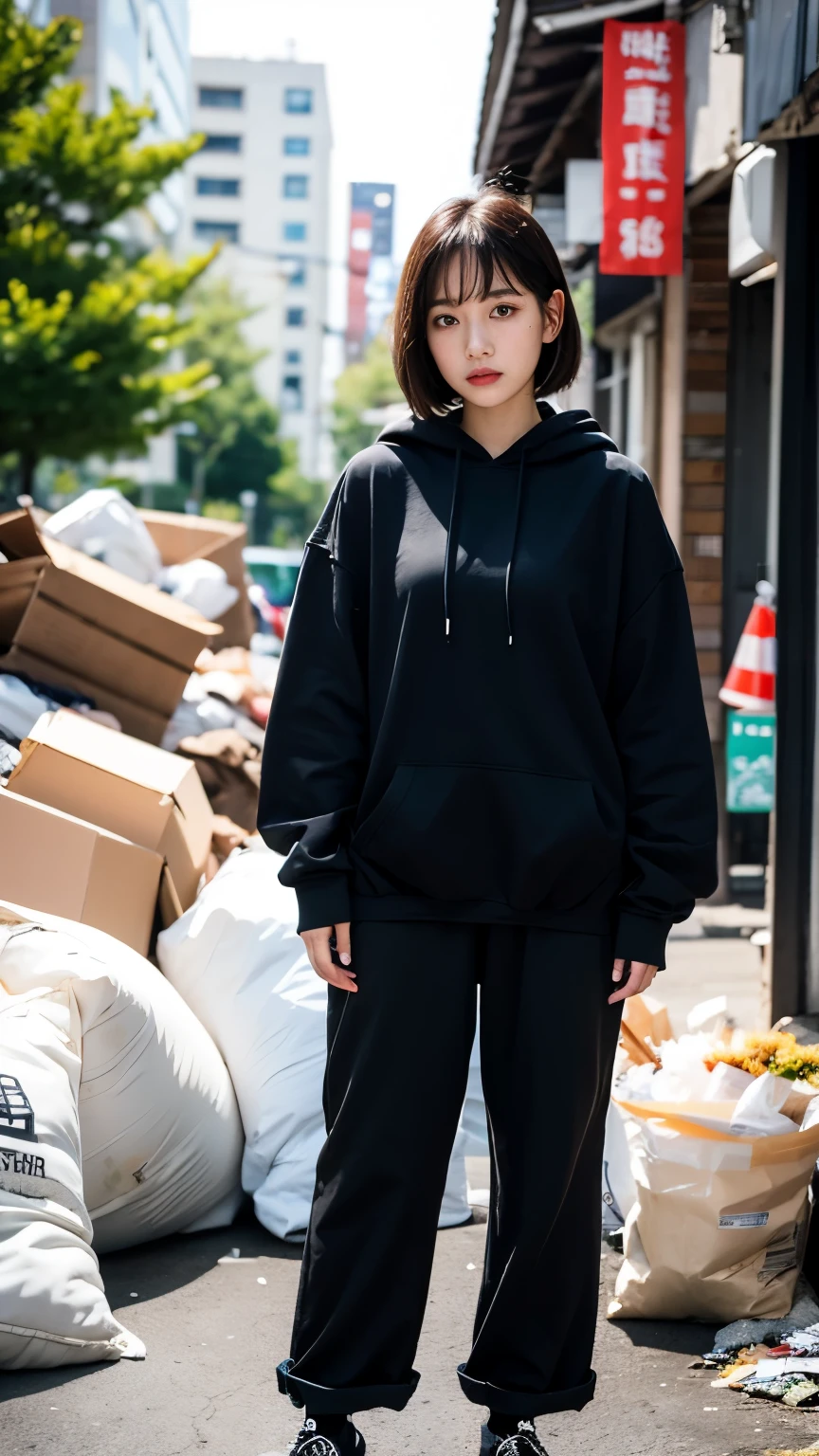 18-year-old,Homeless,Korean women,(((Slums))),,((( in a destroyed city))),(((Frowning,カメラをGlaring))),((((Rubble pile))),After the disaster,Very fine eye, junk,((In front of the barrack tent)),refuge,(((Wearing a long black hoodie,Wearing baggy pants))),(((Collapsing Building))),(((old buildings))),((photograph)),((A woman near a garbage dump)),(((Fabric Shading))), (((highest quality))), (((masterpiece))) strong girl, ((((Realistic)))),,Black Hair, chic hairstyle, ((With bangs,Straight medium bob cut, nice hair)), Light makeup,Red eyes, (((I'm not wearing lipstick))), (nice, strong), (((Strong night atmosphere))), Centered Images, Looking at the camera, Elegant colors,Realistic Skin,Realistic texture,8k,whole body,Pale skin, (((Dirty garbage dump))),A huge amount of trash,Red iris,Expressionless,Glaring,Perfect Face,(((Big eyes))),She is wearing wide black baggy pants,Mouth closed, portrait of aespaのウィンター,She is wearing black streetwear, Woman in black streetwear, 黒いハイテクな服を着た女性のphotograph, Girl wearing black hoodie, Cyberpunk Streetwear, Cyberpunk Streetwear street fashion e-girl,