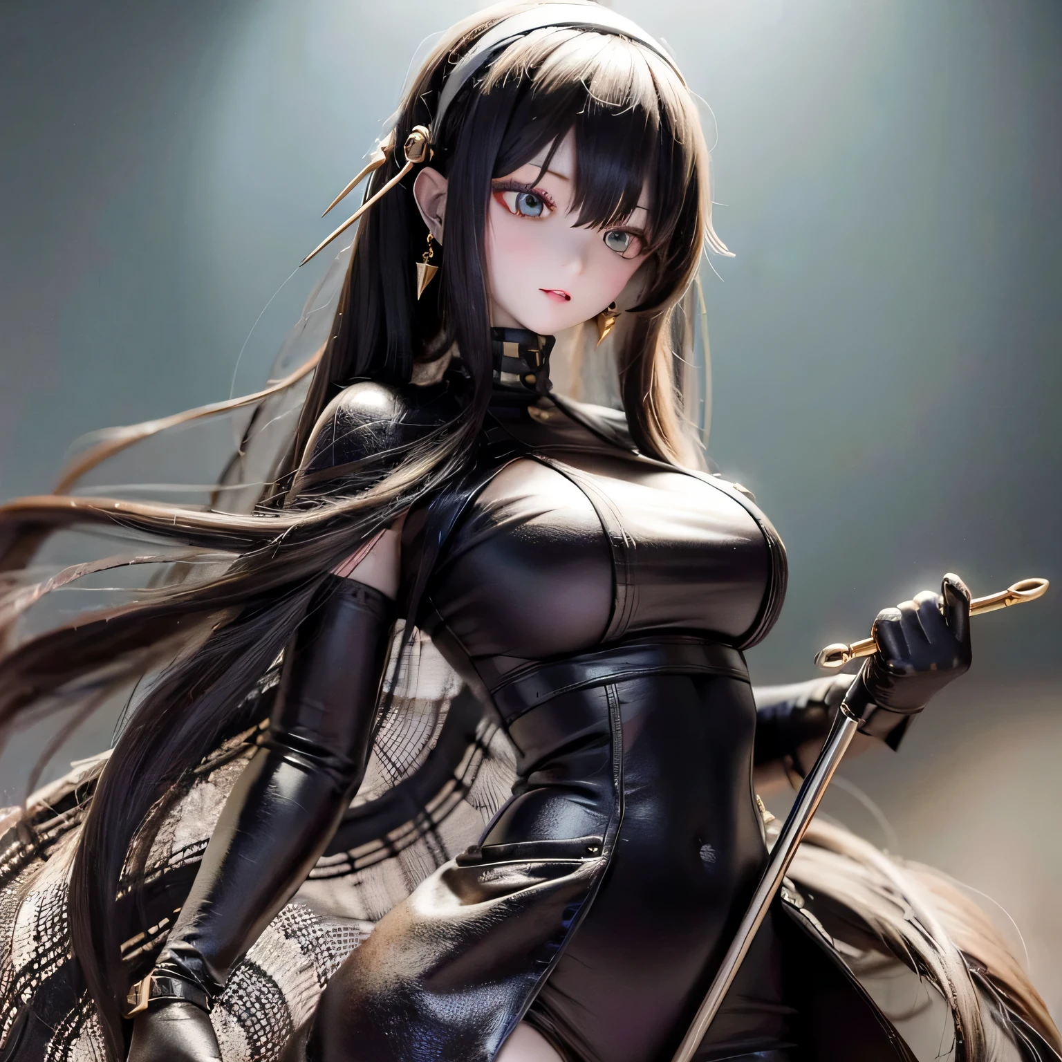 (best quality,4k,highres,masterpiece:1.2),ultra-detailed,realistic,long black hair,beautiful detailed eyes,beautiful detailed lips,wielding weapons,long flowing hair,serious expression,dark atmosphere,sharp focus,detailed weapon,studio lighting,vivid colors,physically-based rendering black long dress