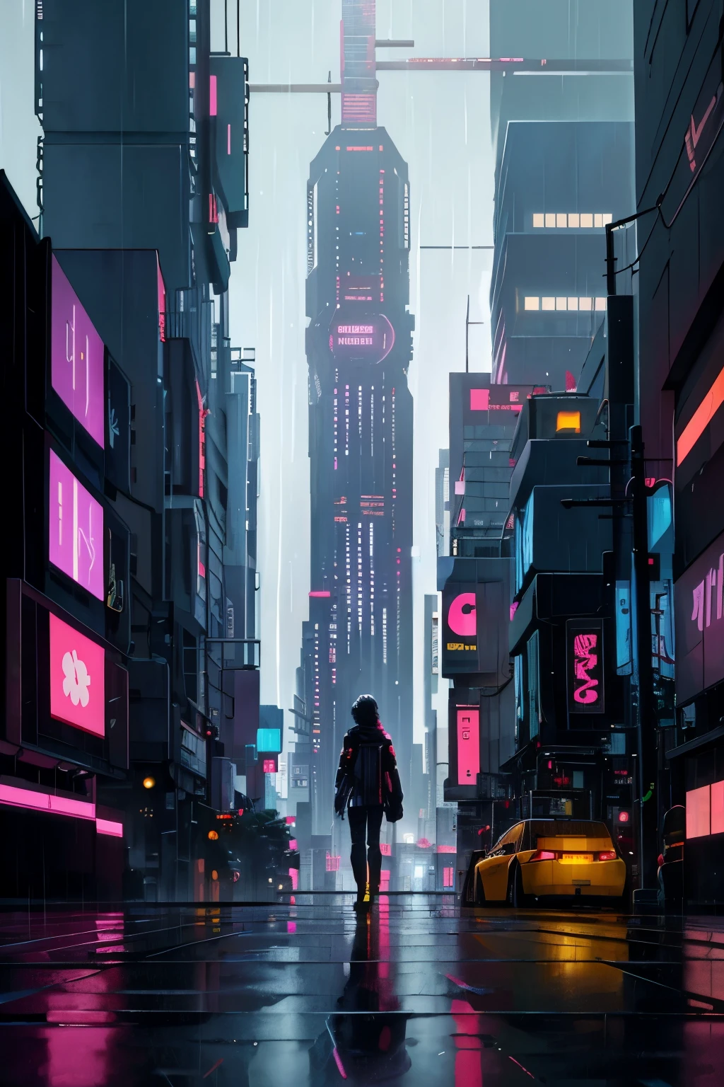Anime cityscape with rain falling and city lights, HD anime cityscape, Neo Tokyo background, Futuristic urban background, Cyberpunk city setting, Night-time city background, City in the foreground, In front of a sci-fi cityscape, Anime style cityscape, Rainy Cyberpunk city, Shiny city in the distance, Cyberpunk city setting, Background cyberpunk city, Cyberpunk background.

Two metal glass windows reflect the glowing city lights, their surface rippling with the rhythm of the rain. The neon signs blink persistently, casting an otherworldly glow over the rain-soaked streets. The cityscape is alive with