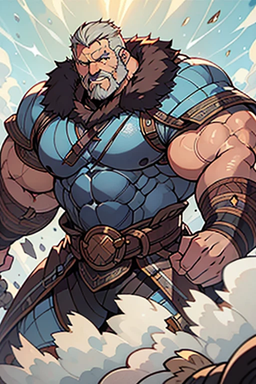 "Robusto y potente, The muscular old Viking stands in the middle of a stormy Nordic landscape.. Su rostro curtido refleja toda una vida de batallas., adornado con un largo, barba trenzada y ojos azules intensos. His imposing figure is wrapped in furs and leather armor., evoking a feeling of strength and resilience. Behind him, Lightning illuminates an epic scene., showcasing his fearless spirit and unwavering determination."