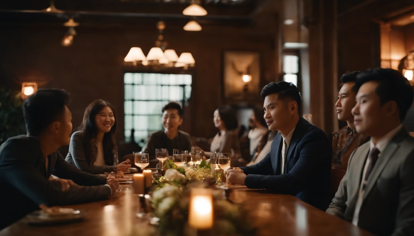 A group of successful MBA classmates(Asian)reunion,On a big dining table,Everyone sat around and talked freely、It's staggered。5-6 male classmates、4-5 female classmates