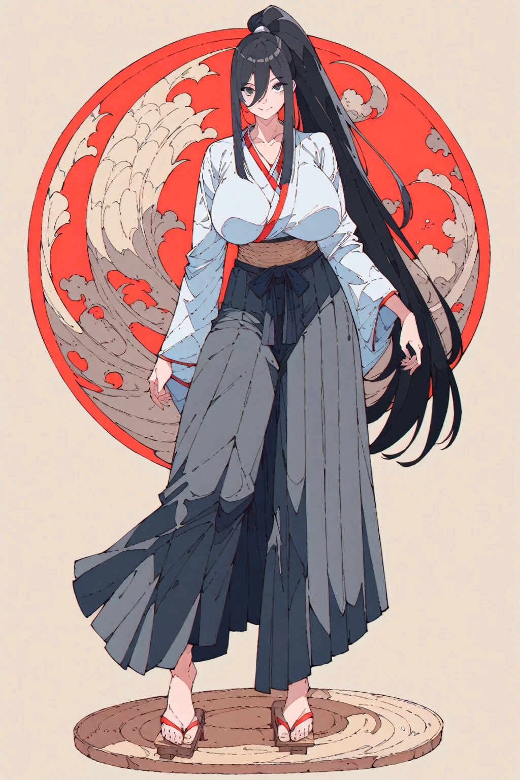 (masterpiece, bestquality, ultra-detailed, 8K high resolution, artstation on trending, Detailed Design:1.2),
middle ages, medieval times, Medieval European fantasy,
wind,
(flat design, ligne claire, photorealistic:1.7),
(1girl, fullbody, looking at viewer, front view:1.8),
(very long high ponytail, Long hair that touches your feet, japanese,white samurai woman, (dark gray hakama:1.4), hakama skirt, Kendo uniform, geta, samurai armor, black hair, (long bangs between the eyes:1.5), Yamato Nadeshiko, thick eyebrows, Wide Eyes, Big eyes, A kind face, smile:1.6),
(gigantic saggy breasts, gigantic hard nipples:1.4), (Clothes that are completely stuck to the chest, impossible clothes:1.5), Impossible clothing with perfectly shaped extremely gigantic puffy nipples, (pawg), (thin thighs, thick calf), slender body, (thin waist), mature milf, puffy lip, lewd, vulgar, erotic, A little tall,
(standing contrapposto pose, spread legs, Hands on hips:1.2),
(SFW Clothing:2.1),
(white background:1.8),