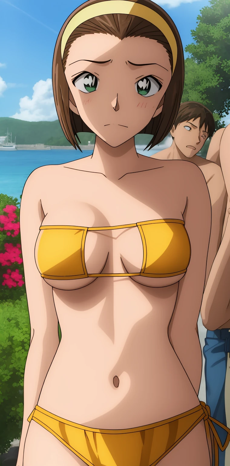 garden、 1人のgirl,一人in,Looking_in_Audience,short_hair,multiple_girl,Brown_hair,green_eye,clavicle,upper_body,hairband,Outdoor,Ocean、Cowboy Shot、Bikini、tits、Sad face、Embarrassing