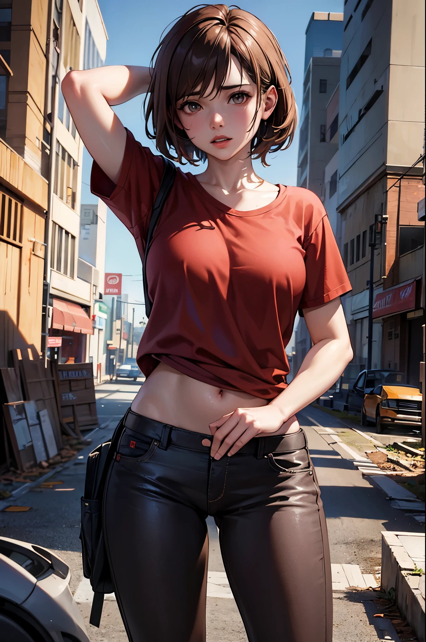 Anime girl in leather pants posing on a city street - SeaArt AI