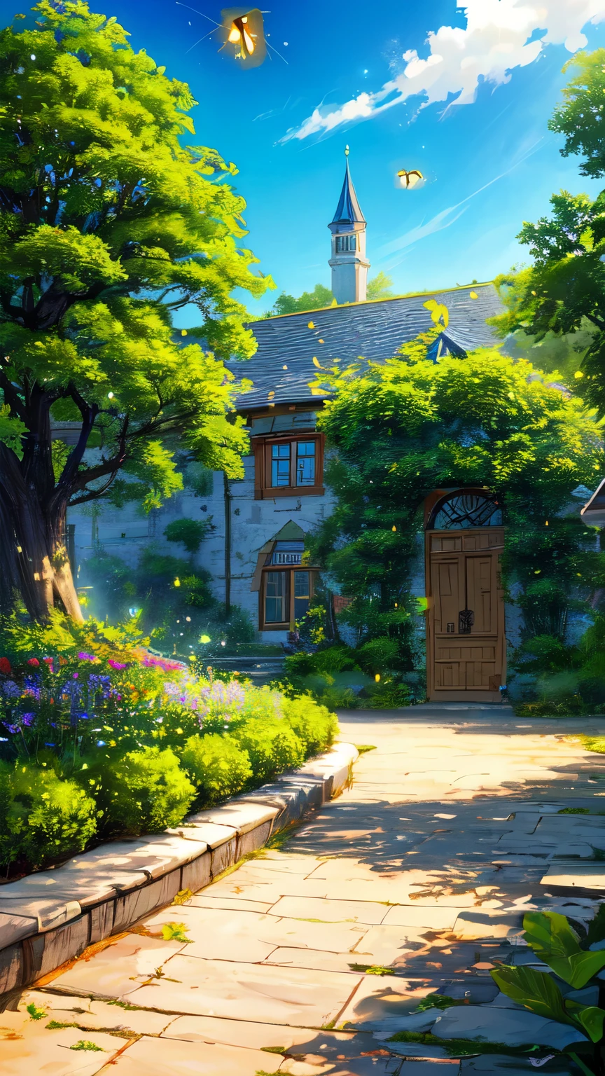 create castle with long view (glowing fireflies and butterfiles )(greenery view)(bright blue shinning sky)(night view)
