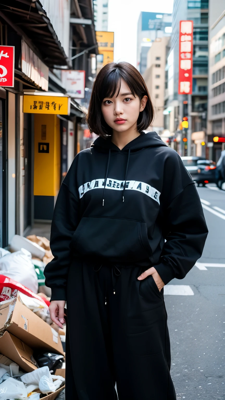 18-year-old,Korean women,Downtown trash dump,(((Facing forward))),(((Frowning,カメラをGlaring))),(Very fine eye), (((Wearing a black hoodie,Wearing baggy pants))),((photograph)),((Woman in downtown)),(((Fabric Shading))), (((highest quality))), (((masterpiece))) strong girl, ((((Realistic)))), I have a card,Black Hair, chic hairstyle, ((With bangs,Straight medium bob cut, nice hair)), Light makeup,Red eyes, (((I&#39;m not wearing lipstick))), (nice, strong), Strong night atmosphere,  Centered Images, Focus on the camera, Elegant colors,Realistic Skin,Realistic texture,８k,whole body,Pale skin, (((Dirty garbage dump))),A huge amount of trash,Red iris,Expressionless,Glaring,Perfect Face,(((Big eyes))),She is wearing wide black pants,Mouth closed, portrait of aespaのウィンター,She is wearing black streetwear, Woman in black streetwear, 黒いハイテクな服を着た女性のphotograph, Girl wearing black hoodie, Cyberpunk Streetwear, Cyberpunk Streetwear street fashion e-girl,