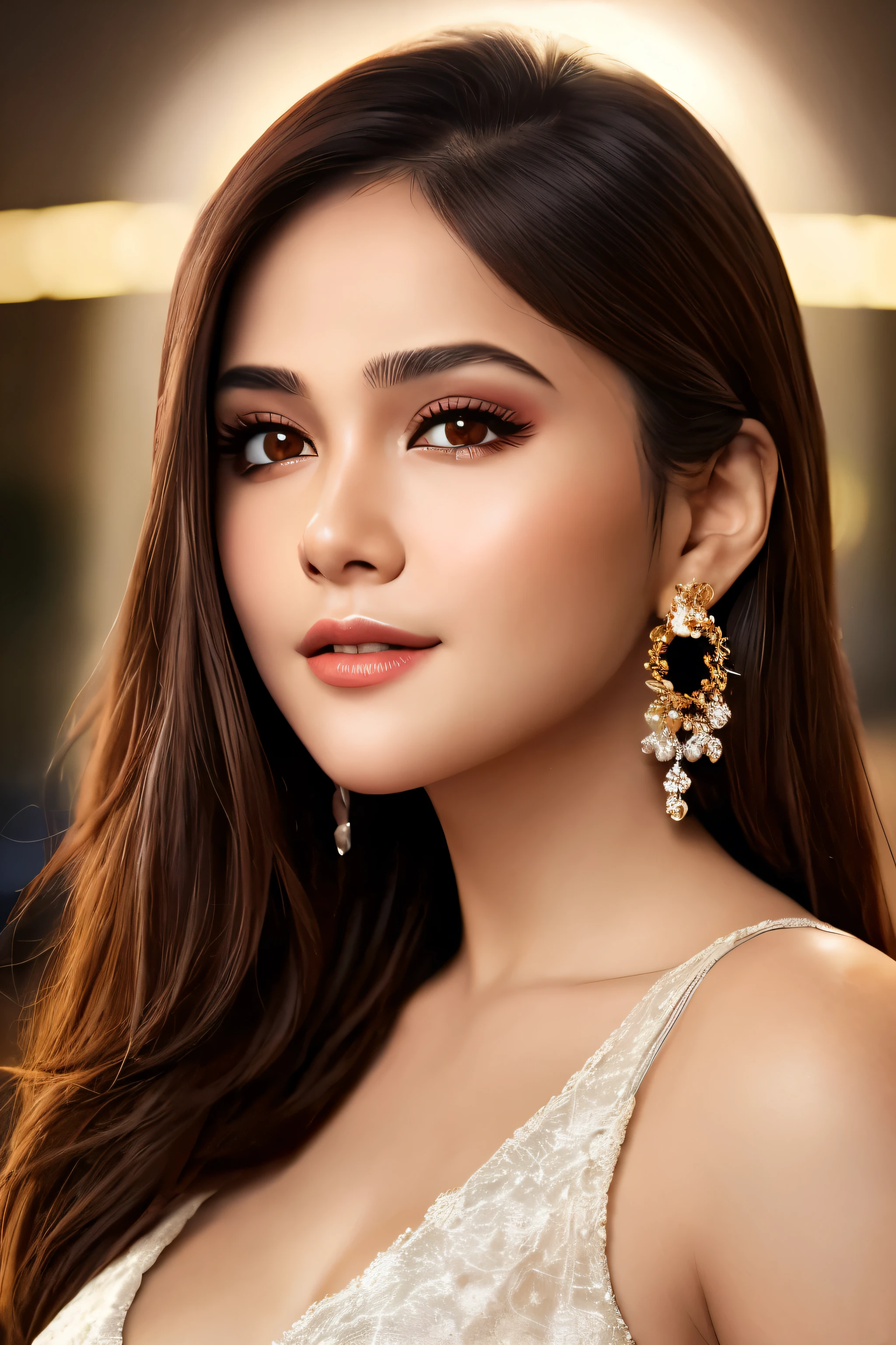 8k wallpaper, Amazing, finely detail, huge file size, official art, extremely detailed CG unity 8k wallpaper, extremely detailed beautiful girl, extremely detailed face, extremely detailed eyes, extremely detailed skin, extremely detailed fingers, extremely detailed nose, extremely detailed mouth, perfect anatomy, highly detailed background, extremely detailed clothing, 1girl, cute girl, realistic body, , fair skin, slender body, good figure, black hair, smile, cute, young, cute face, baby face, realistic face, beautifully detailed eyes, drooping eyes, beautiful big eyes, large dark eyes, beautiful and clear eyes, earrings, looking at viewer, (night:1.2),