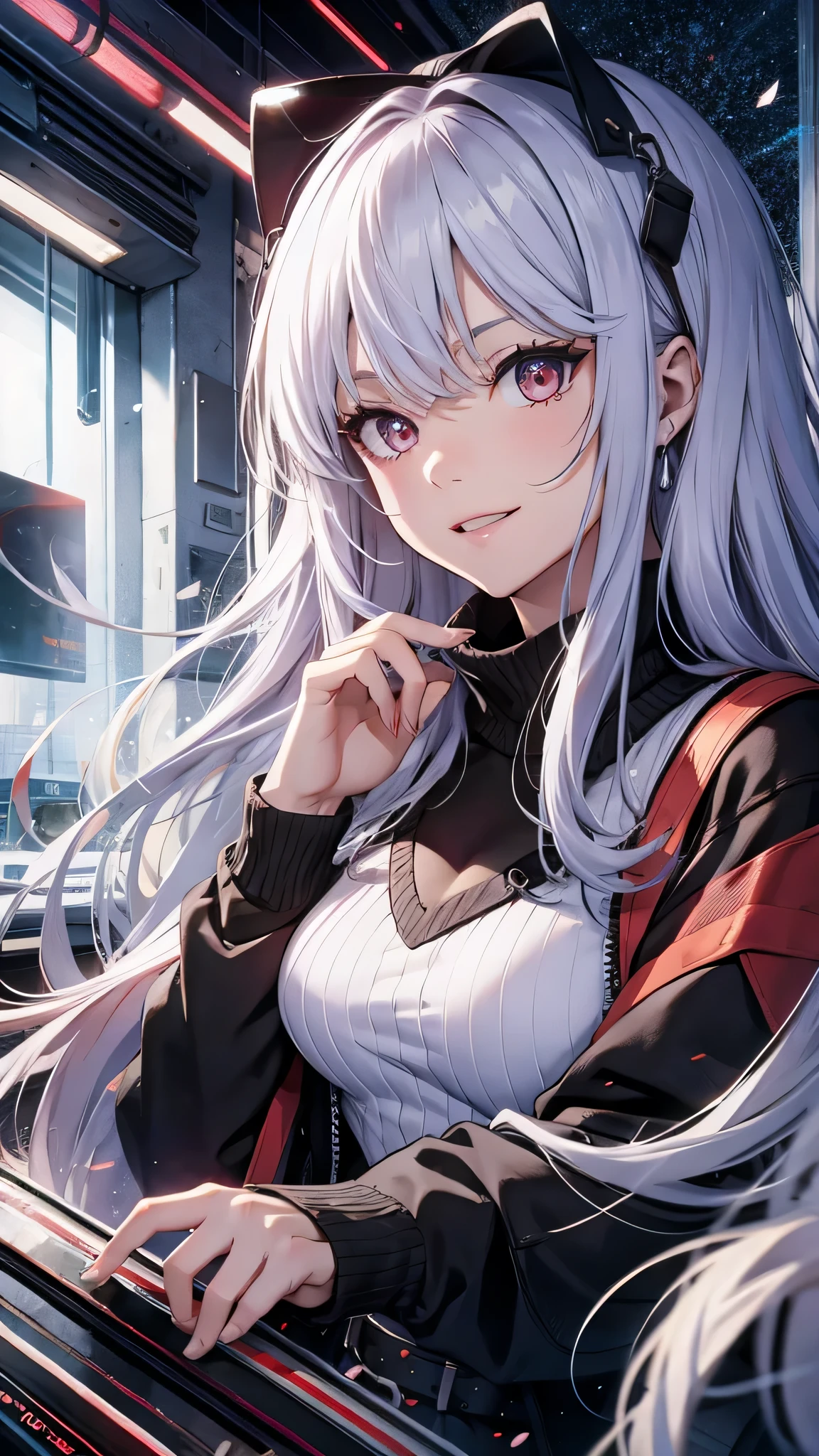 最high quality、Best image quality、masterpiece、girl((20-year-old、 By becoming、Best Bust、Medium Bust,Wide open breast tea、red glowing eyes,Silver Hair、Disheveled Hair、Long Hair、thin,The highest valley、Open chest、White wristband、smile、hair ornamentany accessories、White shirt、OL)),high quality、Beautiful art、background((Inside the company&#39;s stylish office))、Flight、Flying debris、Written boundary depth、movie、Visual Arts、Perfect art、8K,Genuine、