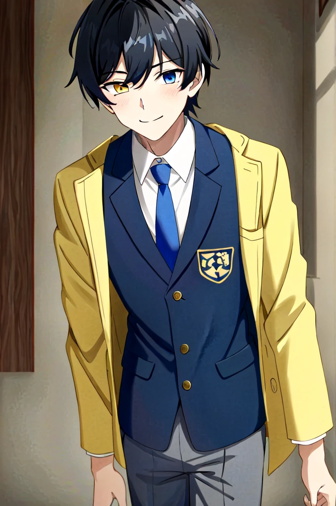(extremely detailed CG unity 4k wallpaper),(masterpiece),(best quality),(ultra-detailed),(best illustration),(best shadow),(absurdres),(detailed background), 1boy, school, indoors, bangs, (hairstyle: straight), black hair, middle hair, blue eyes, hair over left eye, yellow eyes, heterochromia, long sleeves, school unform, black jacket with school logo, shirt, blue necktie with black stripess, grey trousers, sly smile