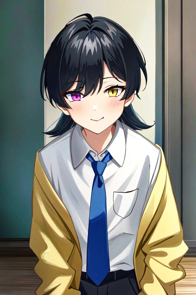 (extremely detailed CG unity 4k wallpaper),(masterpiece),(best quality),(ultra-detailed),(best illustration),(best shadow),(absurdres),(detailed background), 1boy, school, indoors, bangs, (hairstyle: straight), black hair, middle hair, blue eyes, hair over left eye, yellow eyes, heterochromia, long sleeves, school unform, black jacket with school logo, shirt, blue necktie with black stripess, grey trousers, sly smile