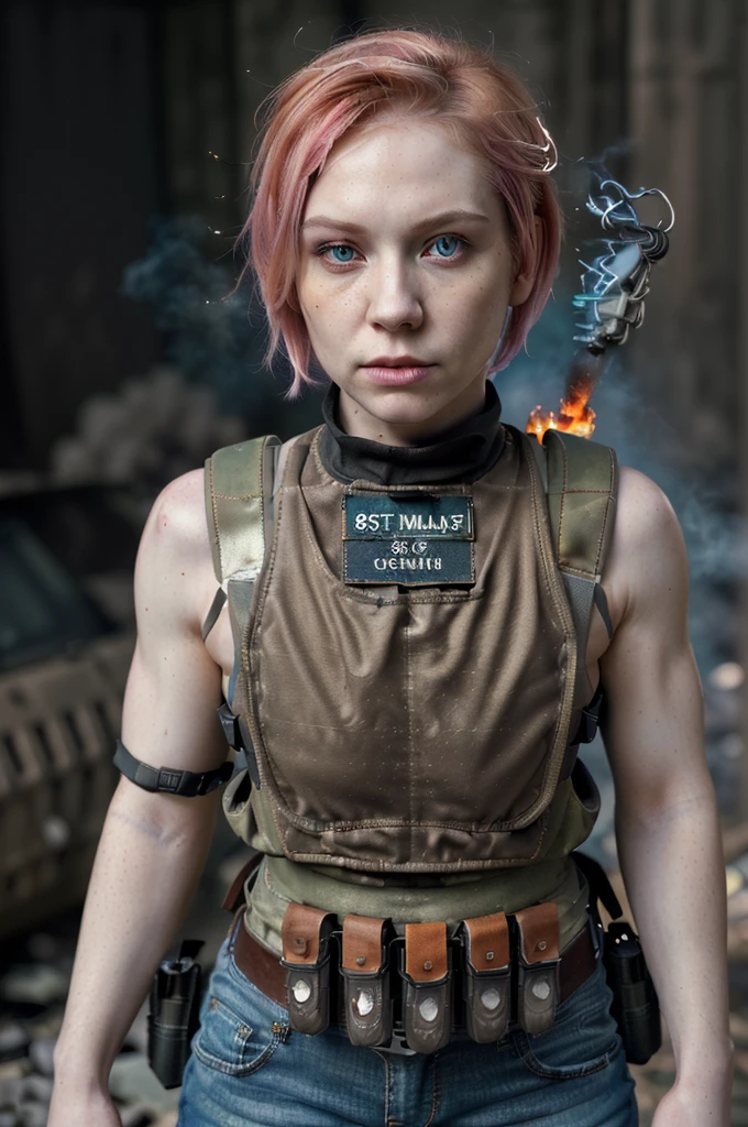 ((Best quality, 8k, Masterpiece: 1.3)), ((5120x1440)), Sharp focus: 1.2, Full body, perfect, pale skin, muscular, 30 year woman, Human Anatomy, Small nose, ripped jeans with army vest, Pink hair with orange/blue highlights, blue eyes, short hair, tank top, average build, Zombie apocalypse, smokey atomsphere, background of city burning, Gun Belt Armed with a Assault rifle (M4), (special attention to skin detail:1.2), detailed leather texture, skin pores, spooky atmosphere, (pale skin), Adult, Photorealism, Taken with, Canon EOS 4000D DSLR Hyperrealistic, ((portrait, close to camera)) Hyperrealistic, splash art, concept art, mid shot, intricately detailed, color depth, dramatic, 2/3 face angle, side light, colorful background, looking at viewer, smoke in sky, Burning, depth of field, tactical vest, bandolier, ammo, canteen, ammo pouch, knife, holster,