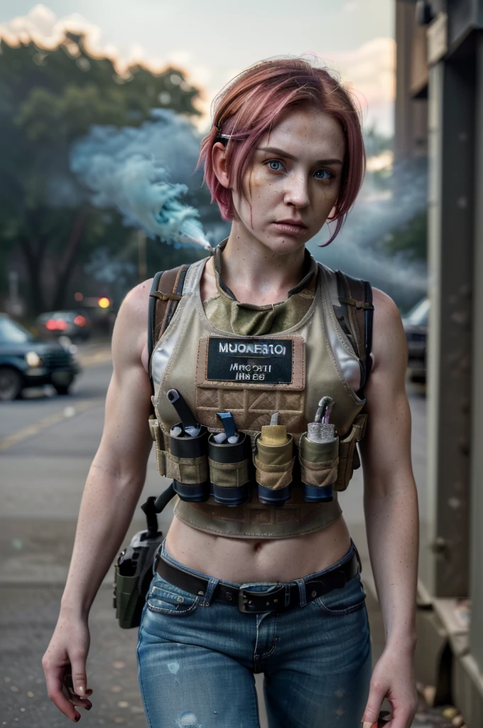 ((Best quality, 8k, Masterpiece: 1.3, realistic)), ((5120x1440)), Sharp focus: 1.2, 30 year old woman, ((Pink hair with orange/blue highlights)), Zombie apocalypse, Pistol holster strapped to leg, Assault rifle M4 on back, Machete in left hand, Desert Eagle Pistol in Right hand, Cargo pants, Hoodie, BodyArmor, backdrop of city burning, Looking at viewer, Dark and stormy day, raining, sunset, depth of field, (special attention to skin detail: 1.2), Detailed leather texture, skin pores. Smoky atomsphere, (pale skin), Adult, ((Eye makeup, pink mascara)), ((large detailed lips)) (((ultra realistic))), masterpiece, Full body, Small nose, Sharp focus: 1.2, Multiple Ear Piercings, right side stud nose piercing, plain skin, ((very detailed eyes, very detailed iris)), Taken with Nikon Z 14mm ultra wide-angle, photography, subsurface scattering, radiant light rays, high resolution, high detail, sharp focus, soft, aesthetic, very detailed, spooky atmosphere, Adult, looking at viewer, smoke in sky, Burning, depth of field, ((she has blood on her with cuts and scratches)),