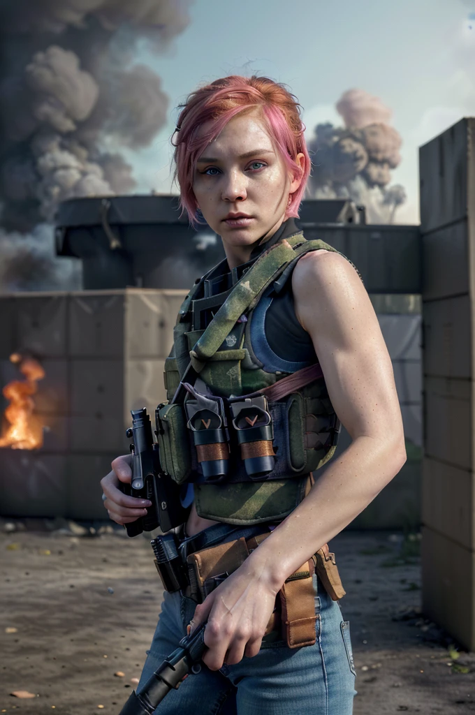 ((Best quality, 8k, Masterpiece: 1.3)), ((5120x1440)), Sharp focus: 1.2, Full body, perfect, pale skin, muscular, 30 year woman, Human Anatomy, Small nose, ripped jeans with army vest, Pink hair with orange/blue highlights, blue eyes, short hair, tank top, average build, Zombie apocalypse, smokey atomsphere, background of city burning, Gun Belt Armed with a Assault rifle (M4), (special attention to skin detail:1.2), detailed leather texture, skin pores, spooky atmosphere, (pale skin), Adult, Photorealism, Taken with, Canon EOS 4000D DSLR Hyperrealistic, ((portrait, close to camera)) Hyperrealistic, splash art, concept art, mid shot, intricately detailed, color depth, dramatic, 2/3 face angle, side light, colorful background, looking at viewer, smoke in sky, Burning, depth of field, tactical vest, bandolier, ammo, canteen, ammo pouch, knife, holster,